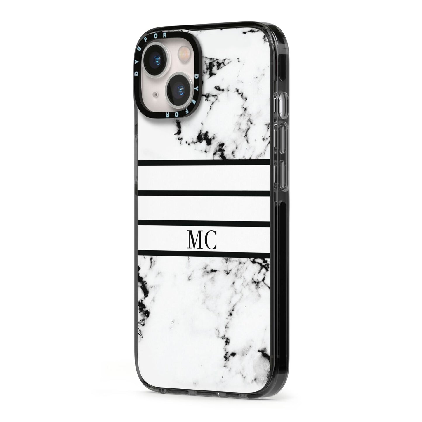 Marble Stripes Initials Personalised iPhone 13 Black Impact Case Side Angle on Silver phone