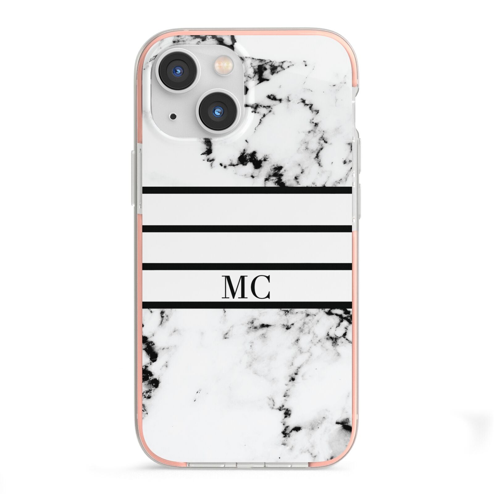 Marble Stripes Initials Personalised iPhone 13 Mini TPU Impact Case with Pink Edges