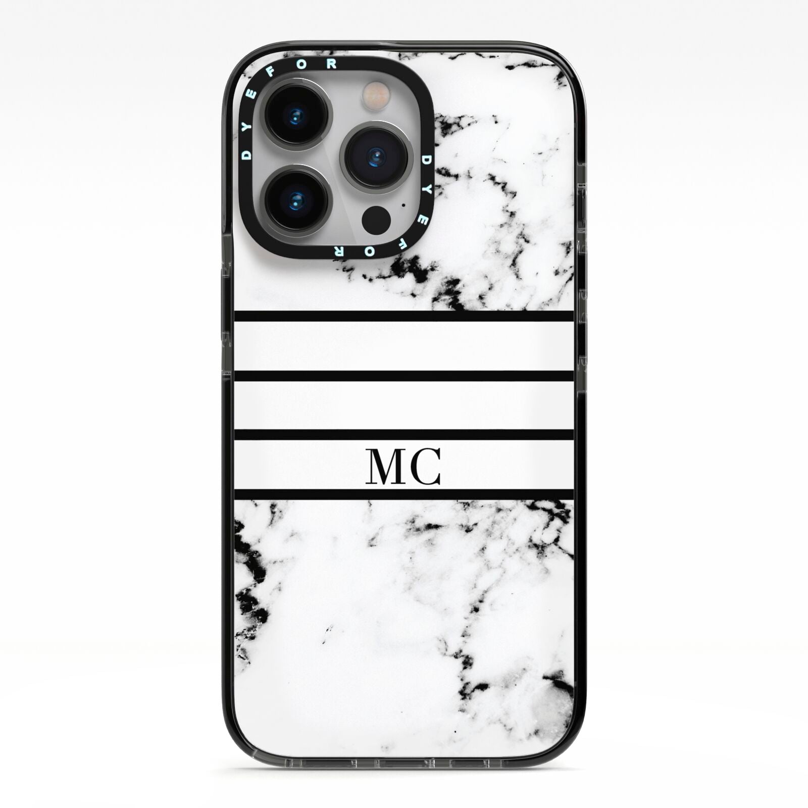 Marble Stripes Initials Personalised iPhone 13 Pro Black Impact Case on Silver phone