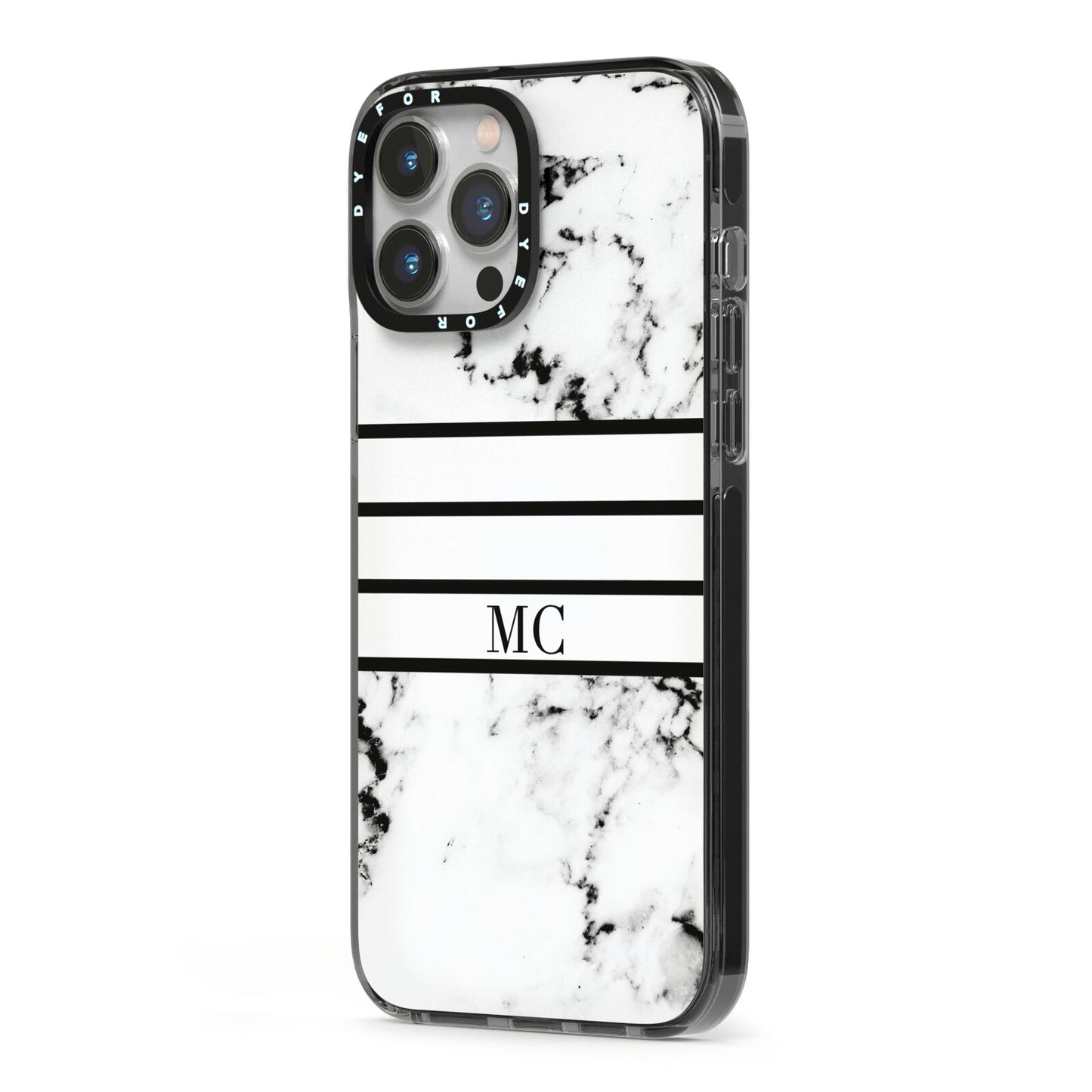 Marble Stripes Initials Personalised iPhone 13 Pro Max Black Impact Case Side Angle on Silver phone