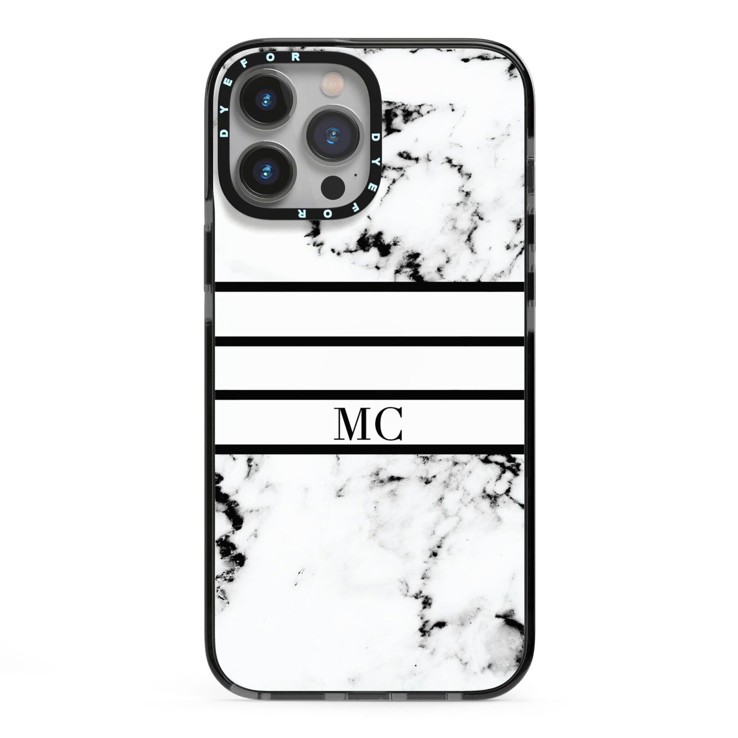 Marble Stripes Initials Personalised iPhone 13 Pro Max Black Impact Case on Silver phone