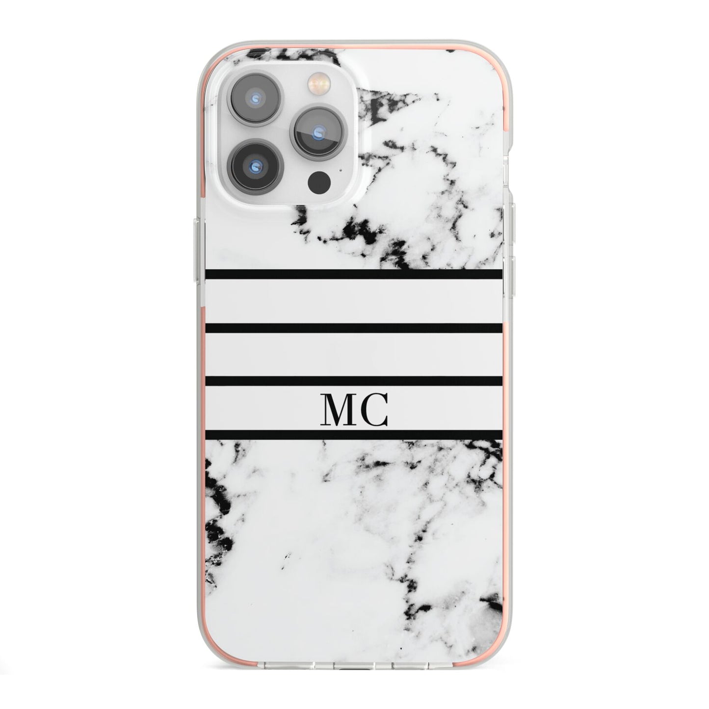 Marble Stripes Initials Personalised iPhone 13 Pro Max TPU Impact Case with Pink Edges