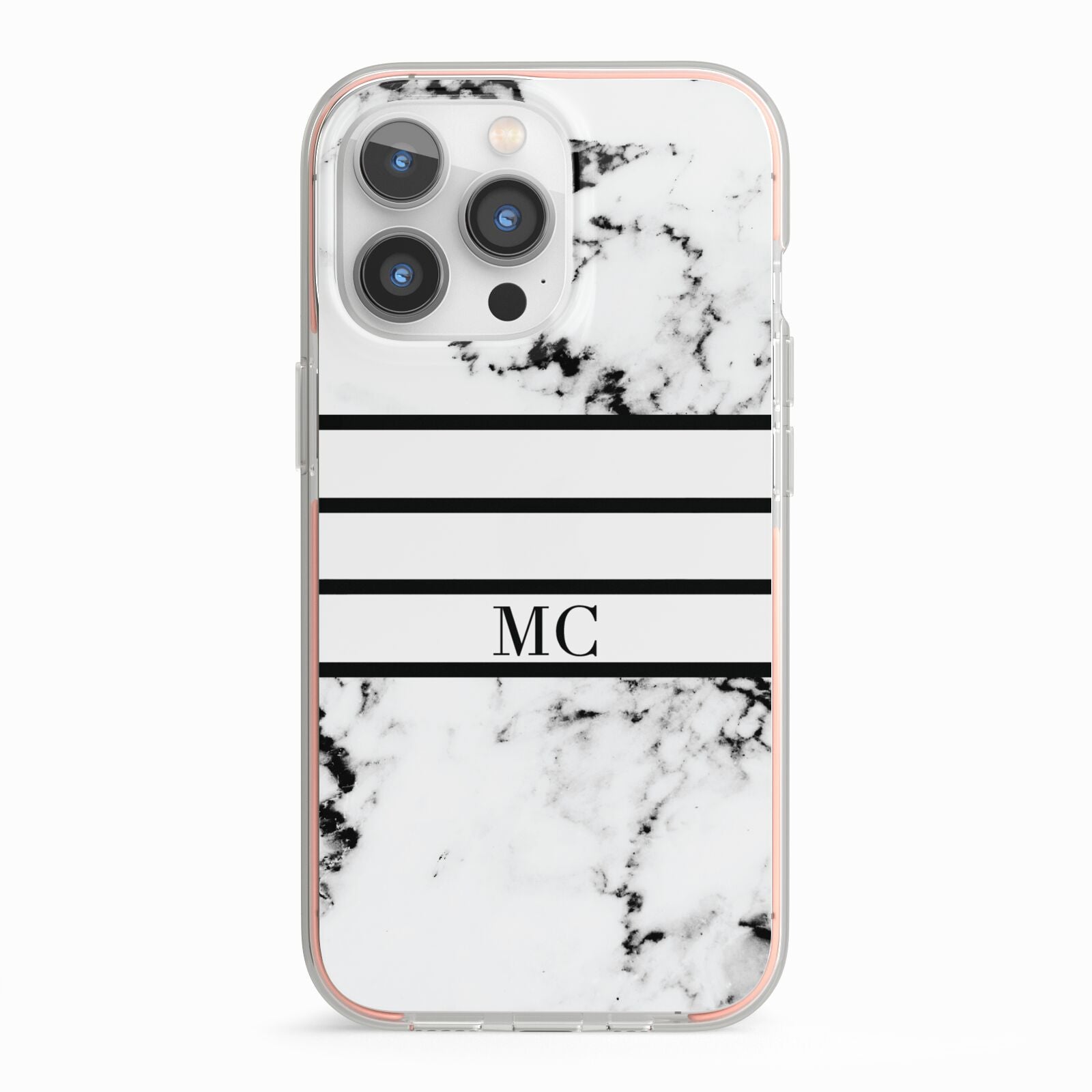 Marble Stripes Initials Personalised iPhone 13 Pro TPU Impact Case with Pink Edges