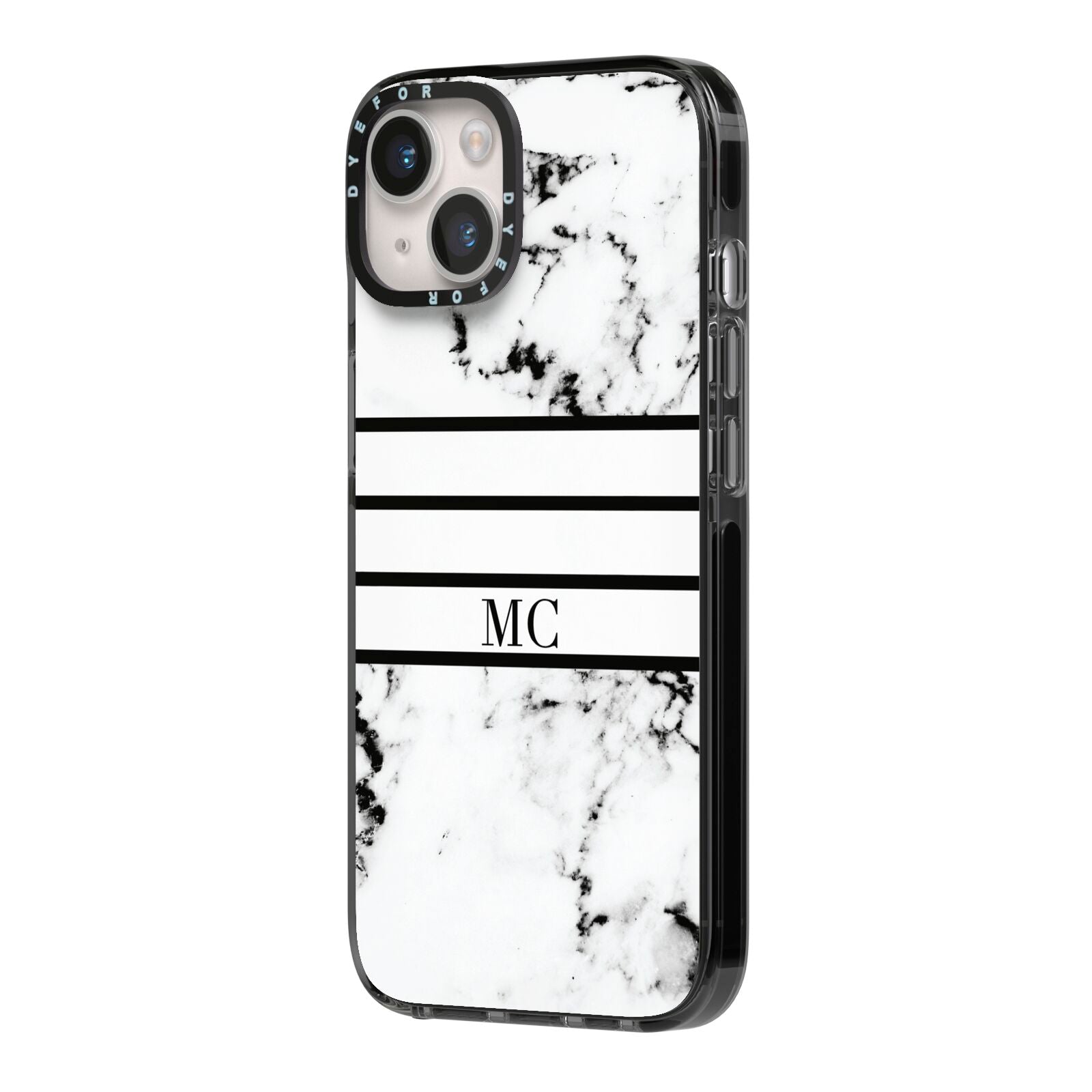 Marble Stripes Initials Personalised iPhone 14 Black Impact Case Side Angle on Silver phone