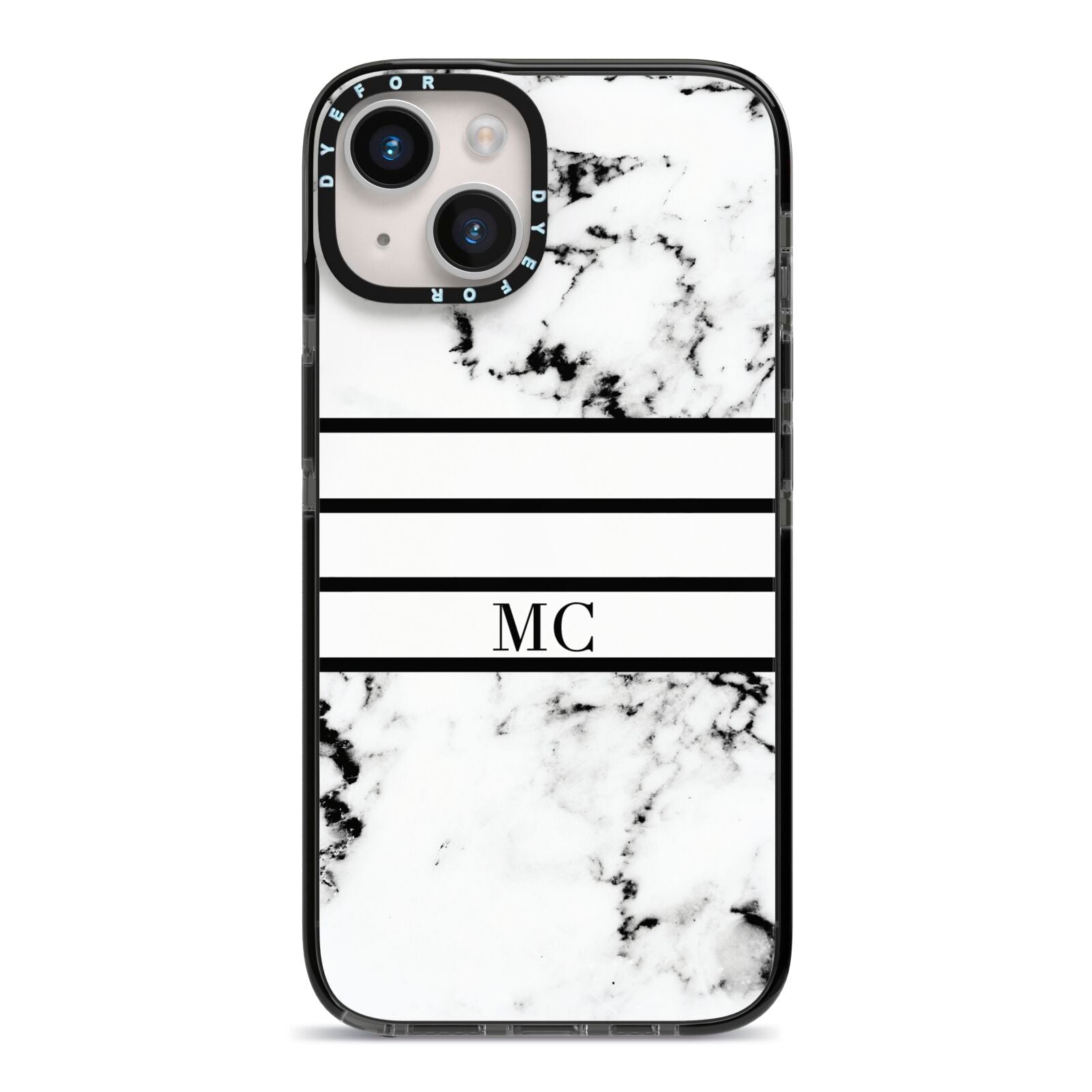 Marble Stripes Initials Personalised iPhone 14 Black Impact Case on Silver phone