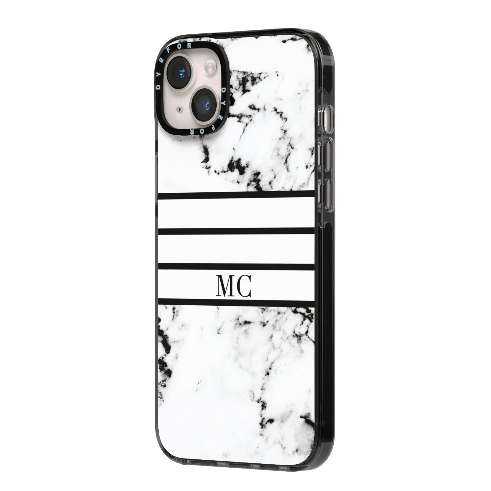 Marble Stripes Initials Personalised iPhone 14 Plus Black Impact Case Side Angle on Silver phone
