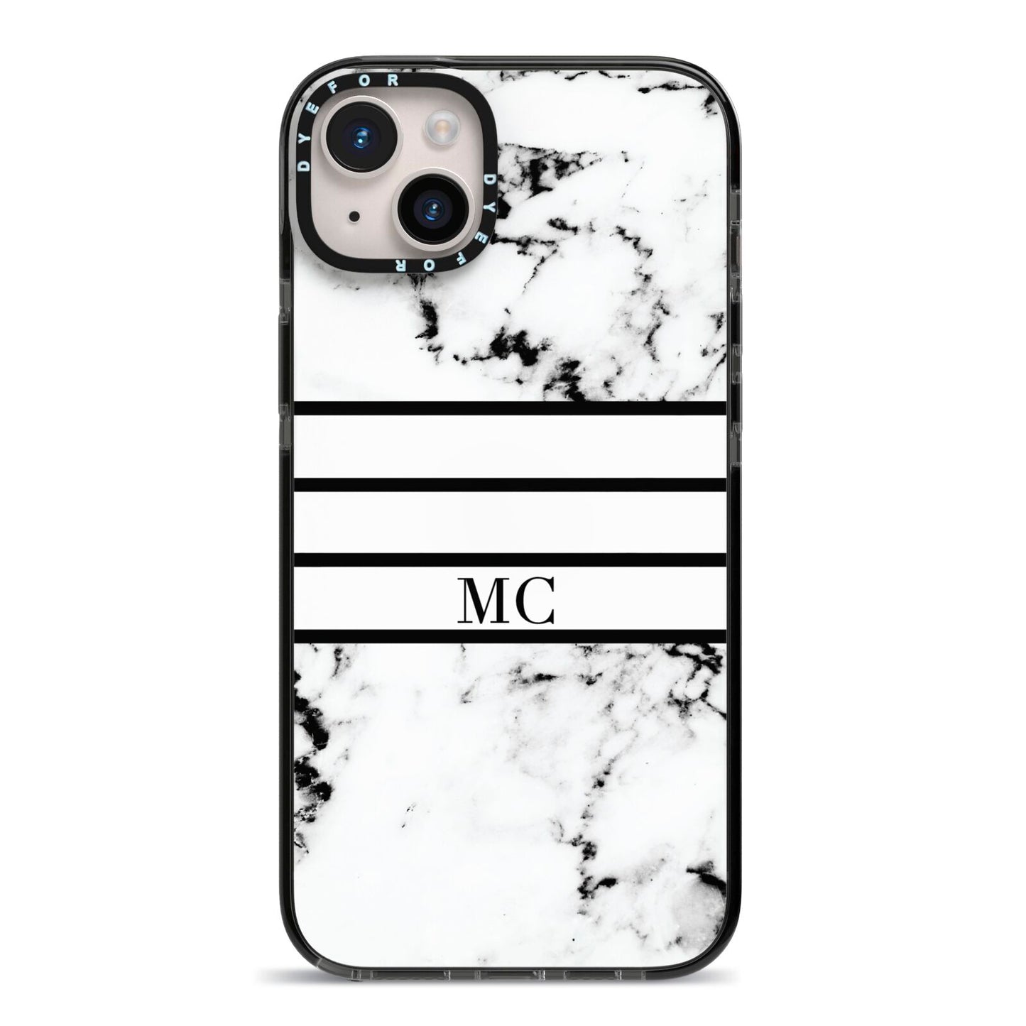 Marble Stripes Initials Personalised iPhone 14 Plus Black Impact Case on Silver phone