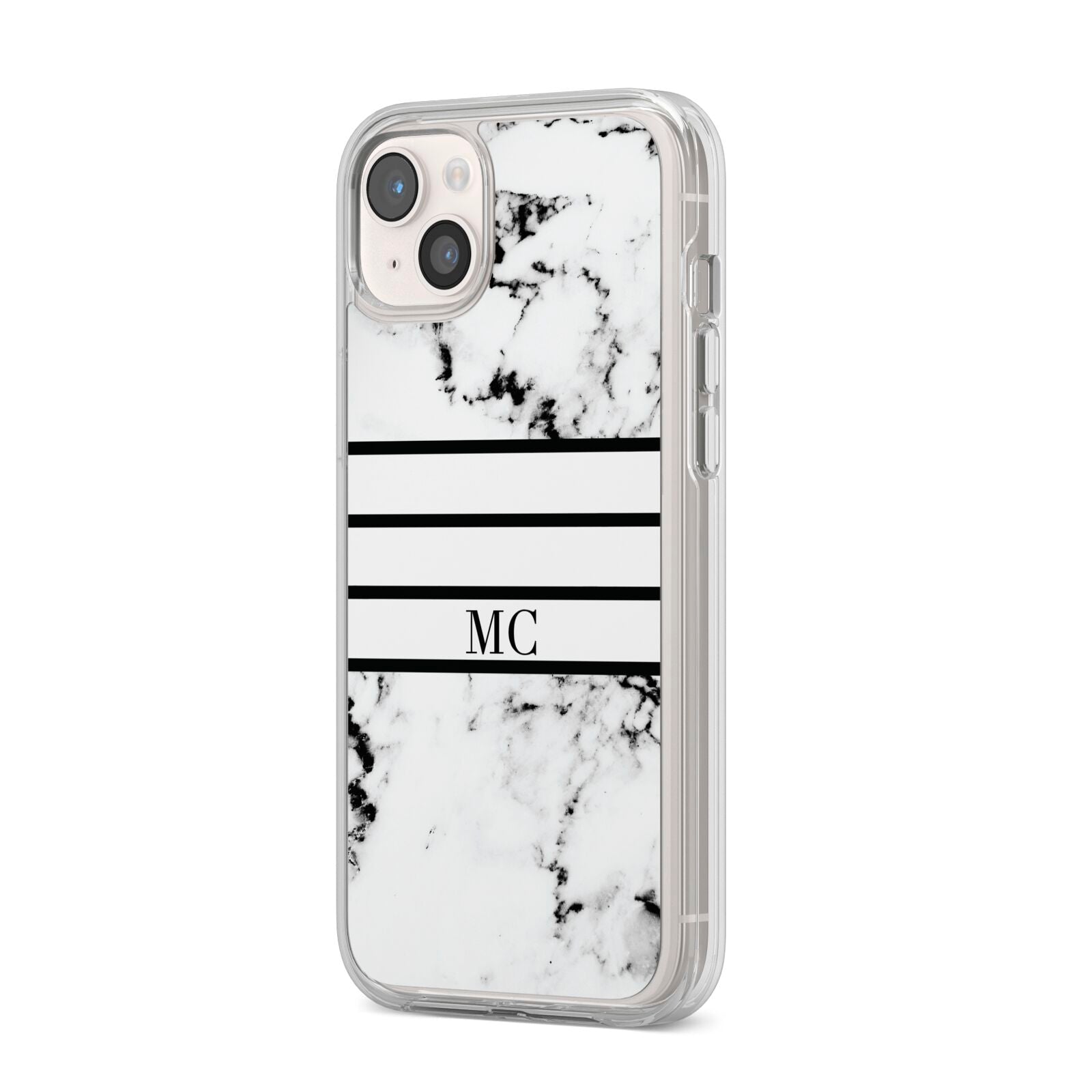 Marble Stripes Initials Personalised iPhone 14 Plus Clear Tough Case Starlight Angled Image