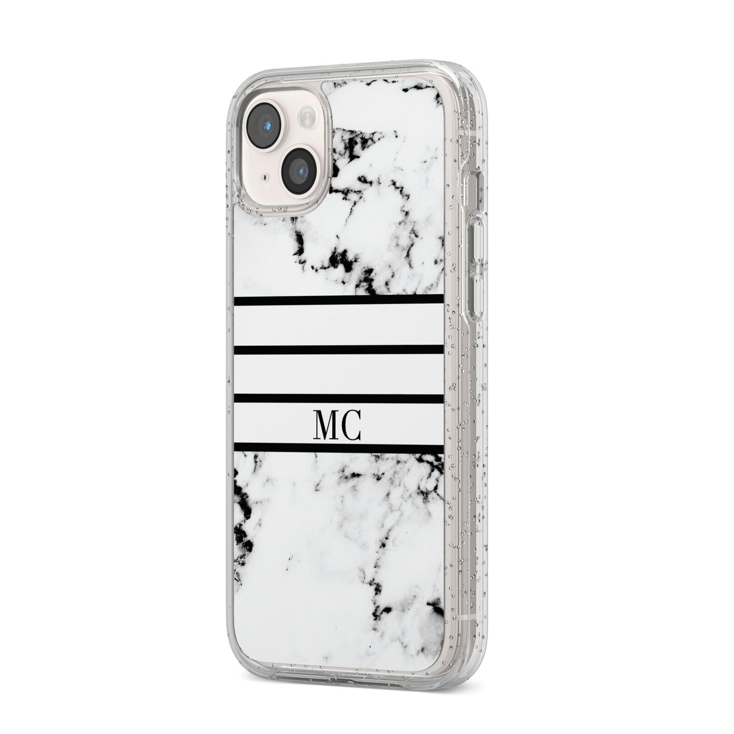 Marble Stripes Initials Personalised iPhone 14 Plus Glitter Tough Case Starlight Angled Image