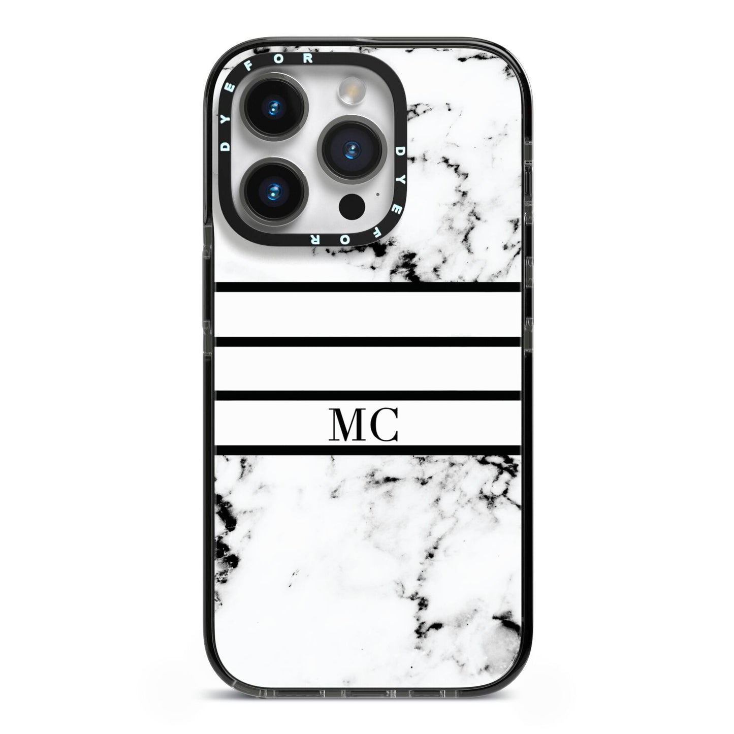 Marble Stripes Initials Personalised iPhone 14 Pro Black Impact Case on Silver phone