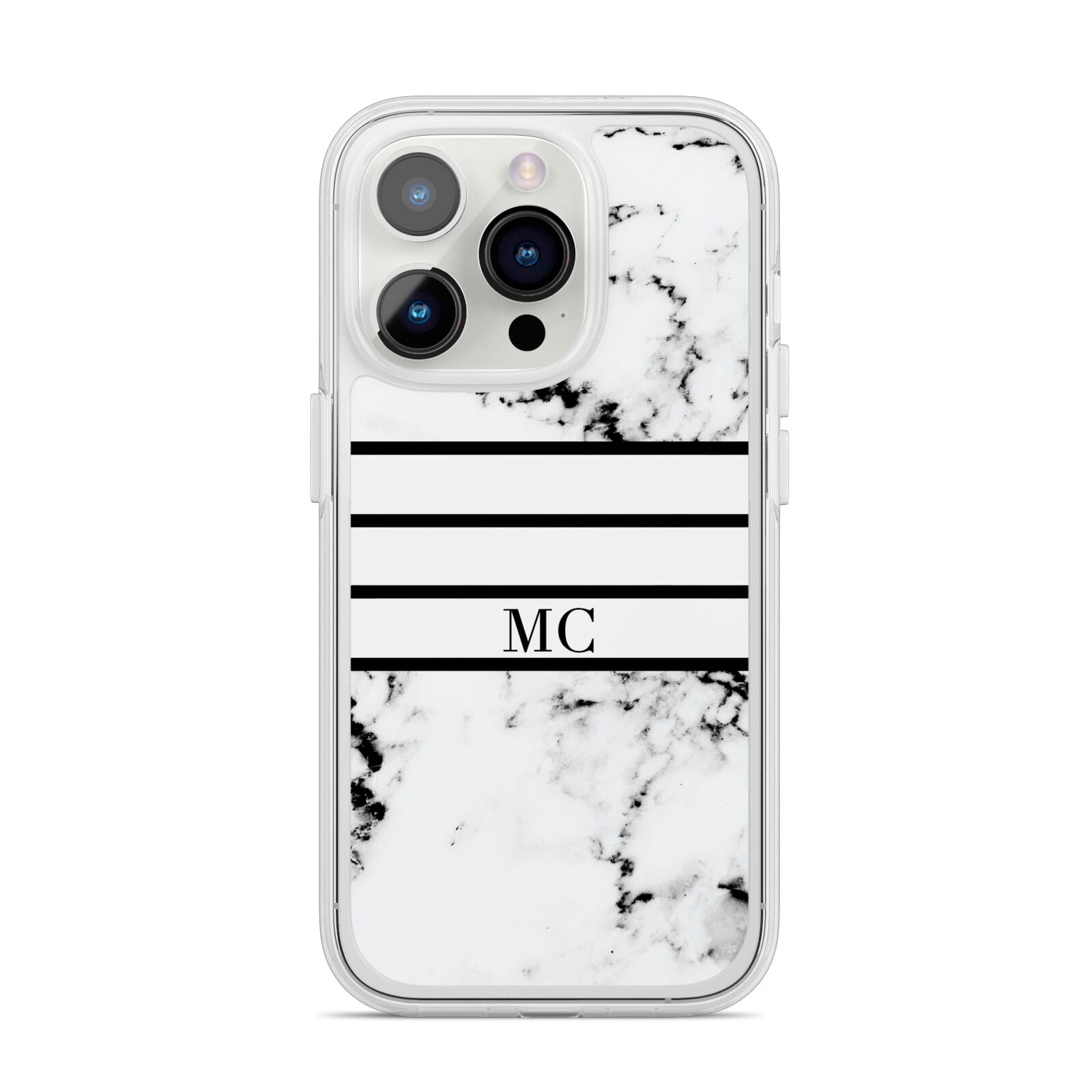 Marble Stripes Initials Personalised iPhone 14 Pro Clear Tough Case Silver