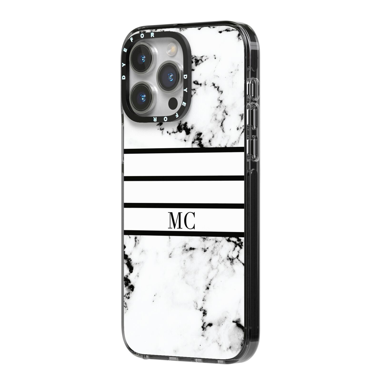 Marble Stripes Initials Personalised iPhone 14 Pro Max Black Impact Case Side Angle on Silver phone