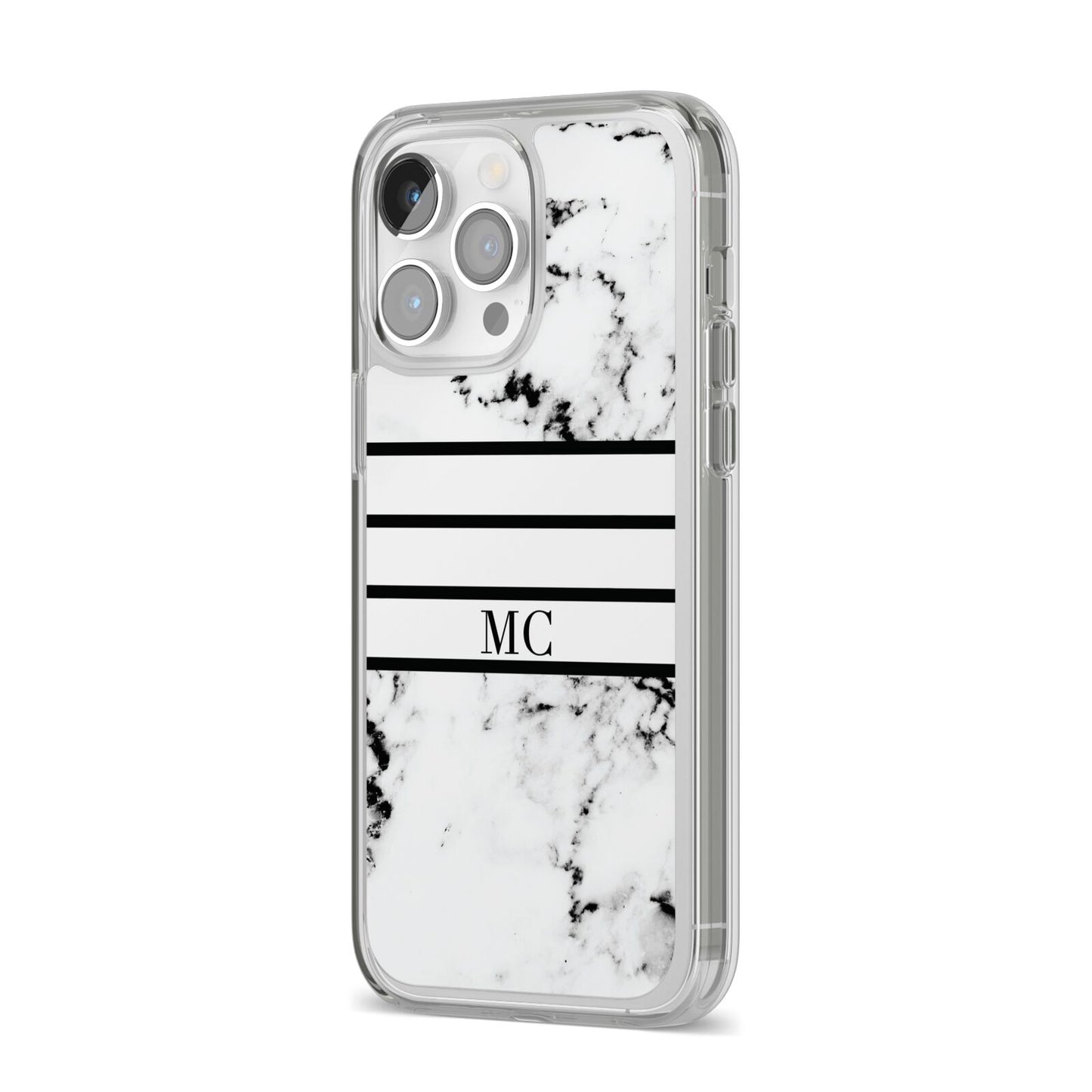 Marble Stripes Initials Personalised iPhone 14 Pro Max Clear Tough Case Silver Angled Image