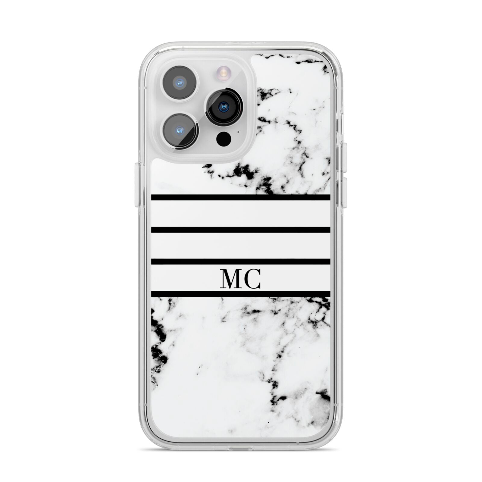 Marble Stripes Initials Personalised iPhone 14 Pro Max Clear Tough Case Silver