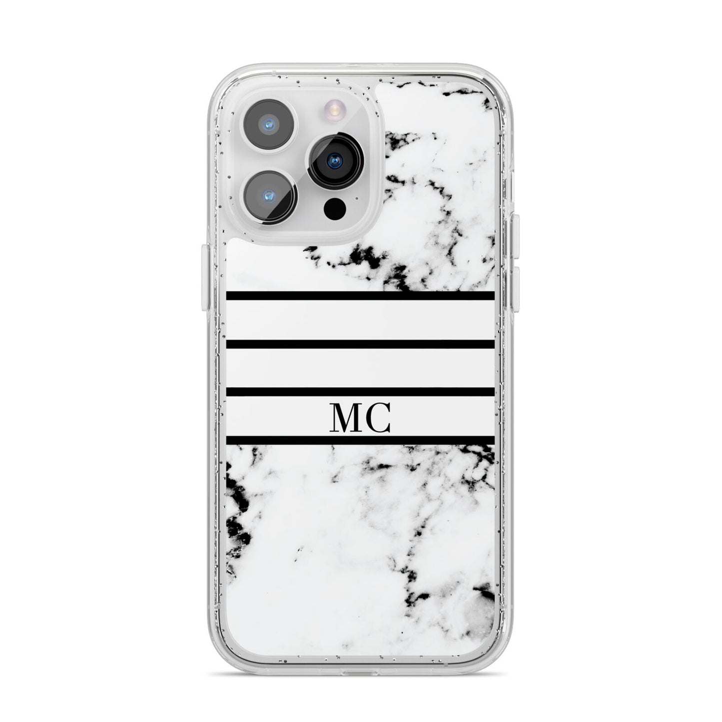 Marble Stripes Initials Personalised iPhone 14 Pro Max Glitter Tough Case Silver