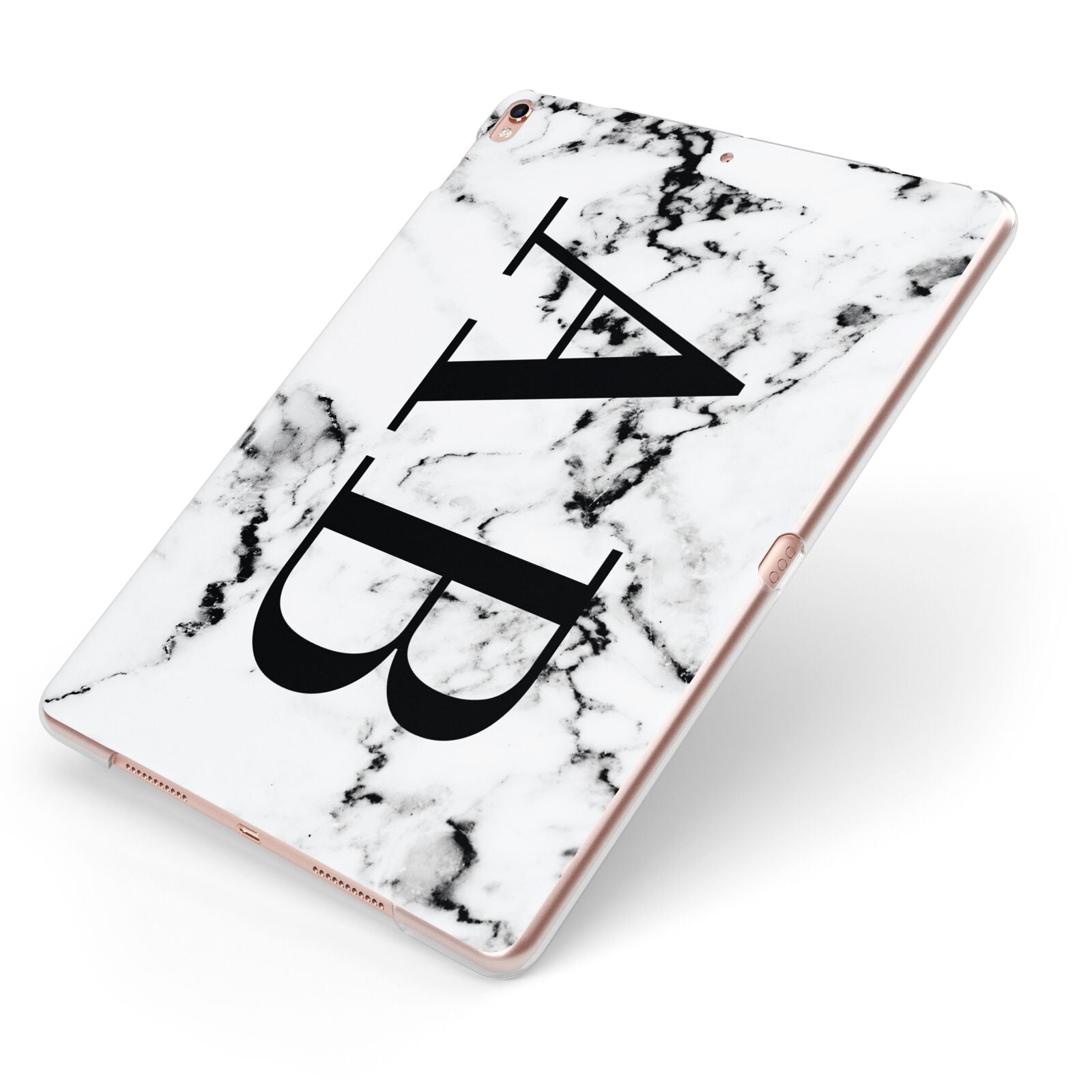 Marble Vertical Initials Personalised Apple iPad Case on Rose Gold iPad Side View