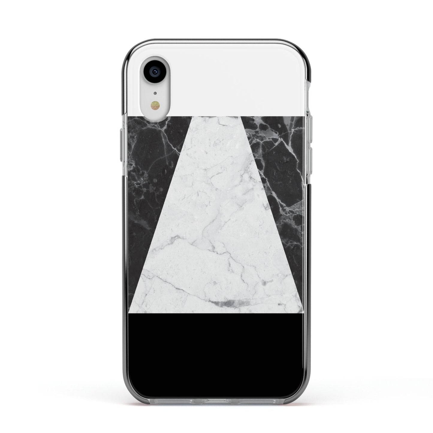 Marble White Black Apple iPhone XR Impact Case Black Edge on Silver Phone