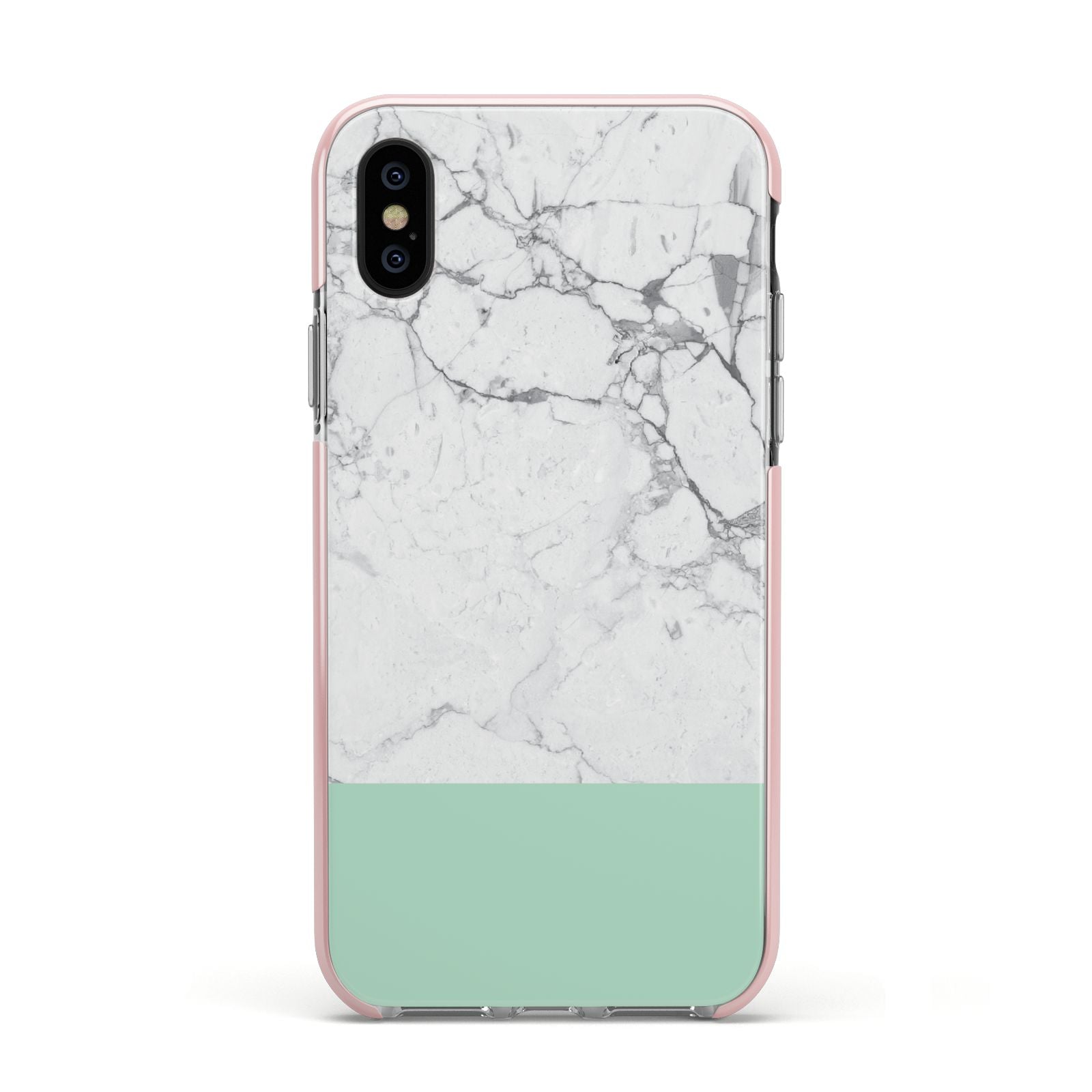 Marble White Carrara Green Apple iPhone Xs Impact Case Pink Edge on Black Phone