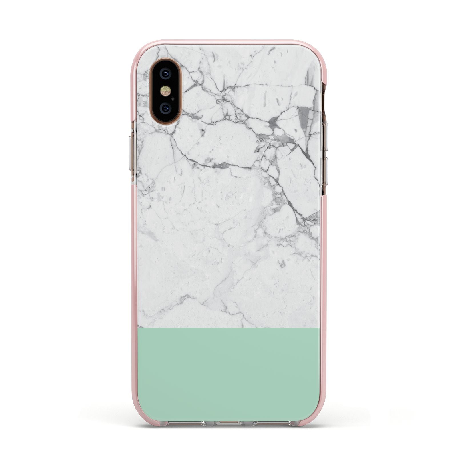 Marble White Carrara Green Apple iPhone Xs Impact Case Pink Edge on Gold Phone