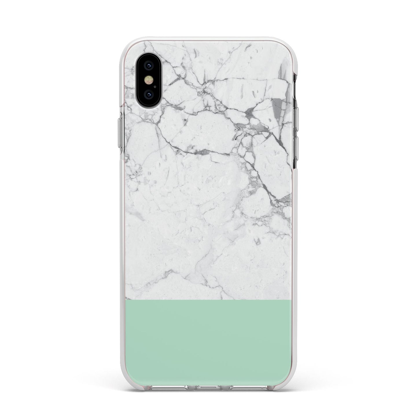 Marble White Carrara Green Apple iPhone Xs Max Impact Case White Edge on Silver Phone
