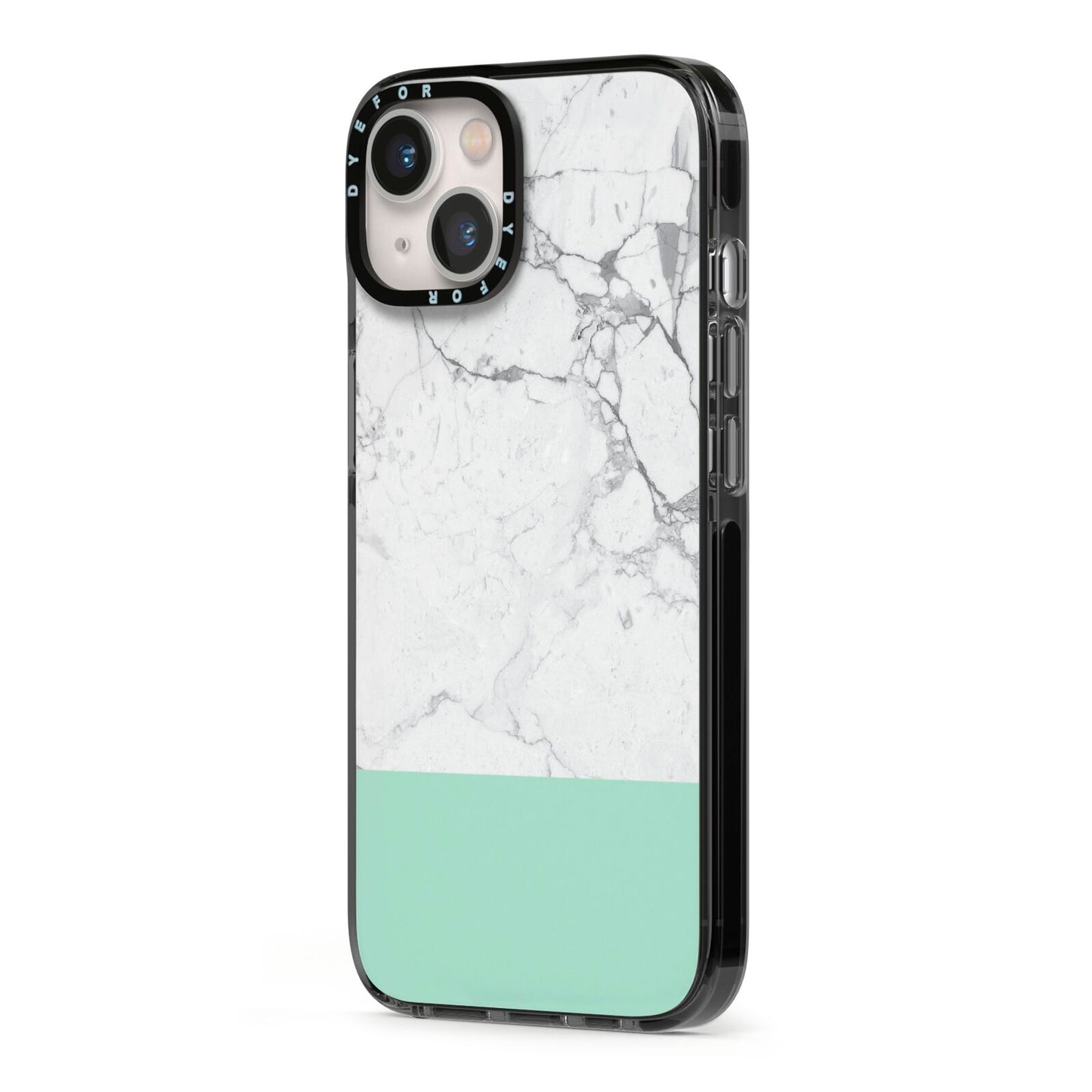 Marble White Carrara Green iPhone 13 Black Impact Case Side Angle on Silver phone