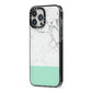 Marble White Carrara Green iPhone 13 Pro Max Black Impact Case Side Angle on Silver phone
