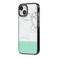 Marble White Carrara Green iPhone 14 Black Impact Case Side Angle on Silver phone
