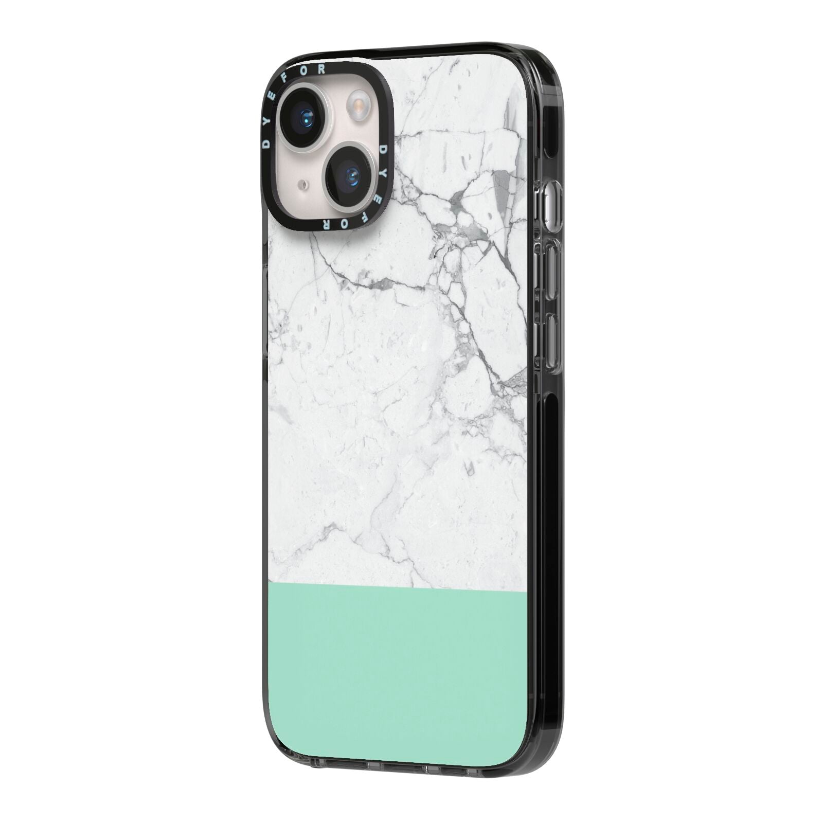 Marble White Carrara Green iPhone 14 Black Impact Case Side Angle on Silver phone