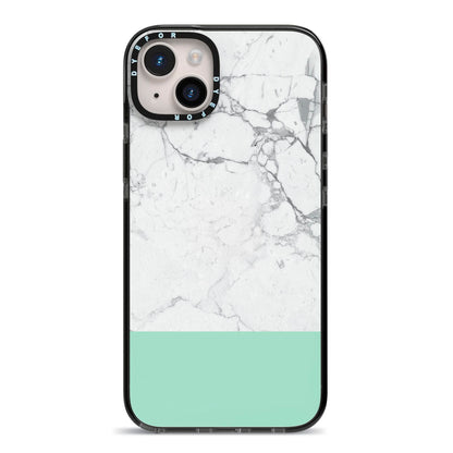 Marble White Carrara Green iPhone 14 Plus Black Impact Case on Silver phone