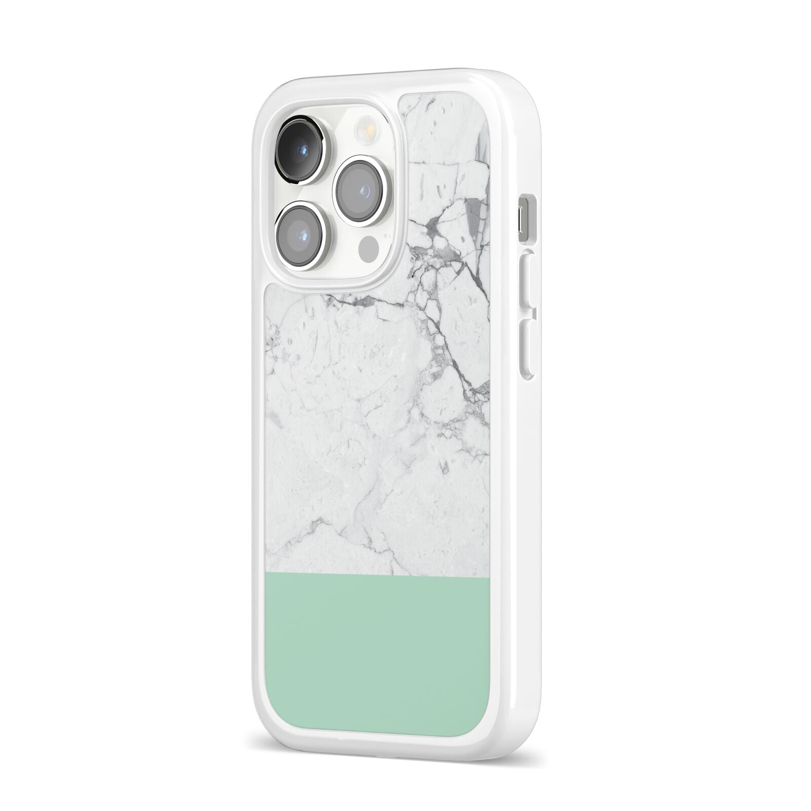 Marble White Carrara Green iPhone 14 Pro Clear Tough Case Silver Angled Image