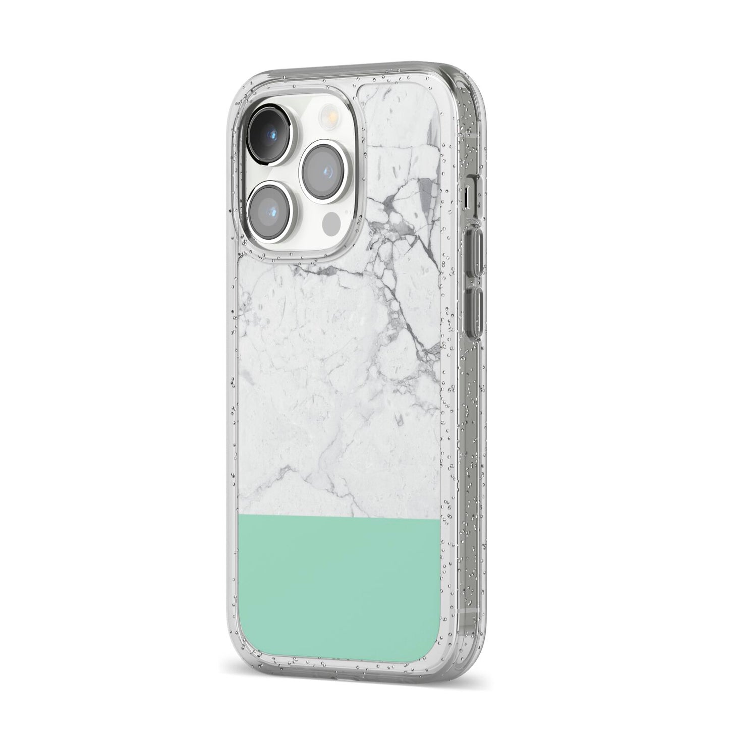 Marble White Carrara Green iPhone 14 Pro Glitter Tough Case Silver Angled Image
