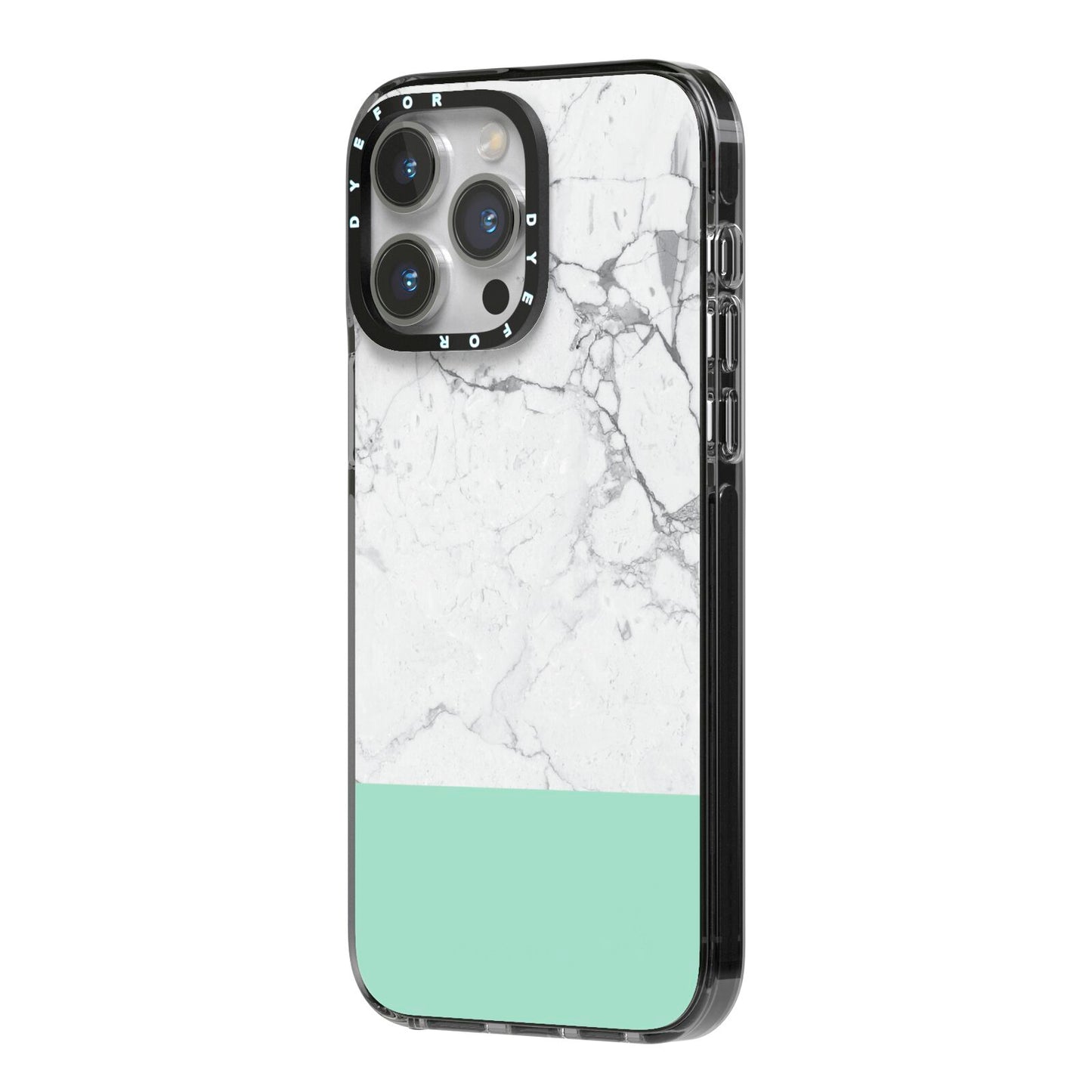 Marble White Carrara Green iPhone 14 Pro Max Black Impact Case Side Angle on Silver phone