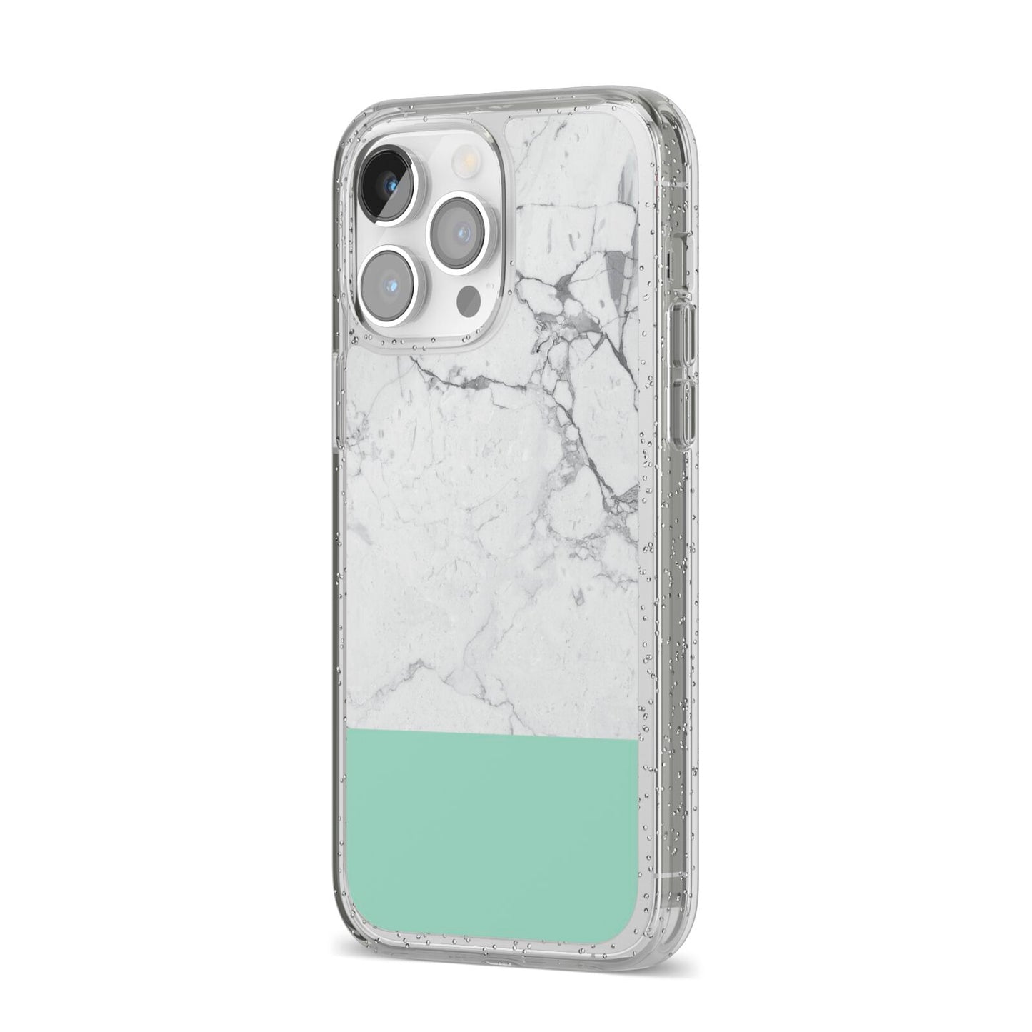 Marble White Carrara Green iPhone 14 Pro Max Glitter Tough Case Silver Angled Image