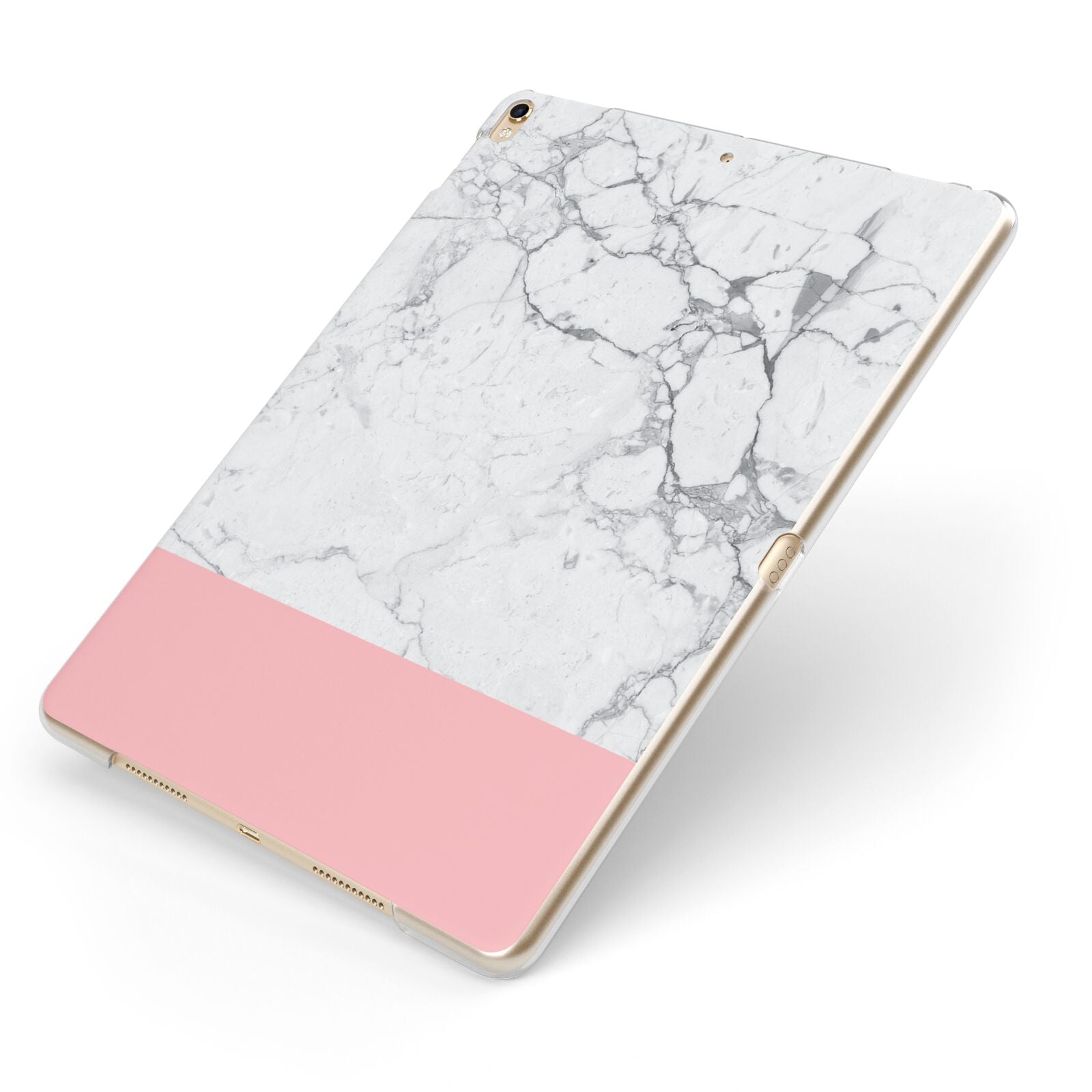 Marble White Carrara Pink Apple iPad Case on Gold iPad Side View