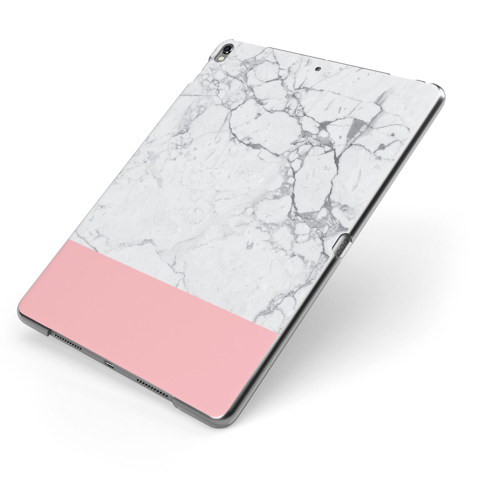 Marble White Carrara Pink Apple iPad Case on Grey iPad Side View
