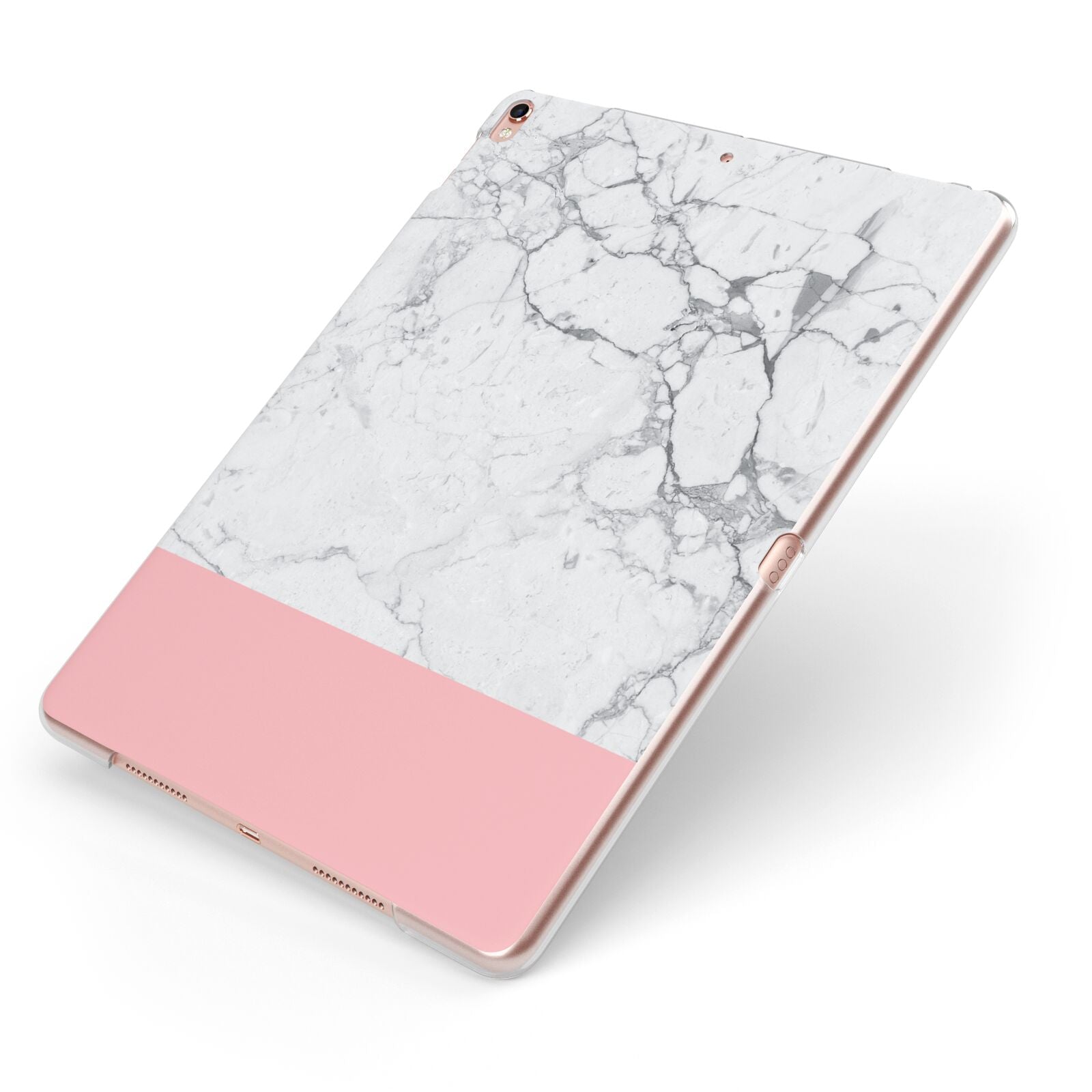 Marble White Carrara Pink Apple iPad Case on Rose Gold iPad Side View