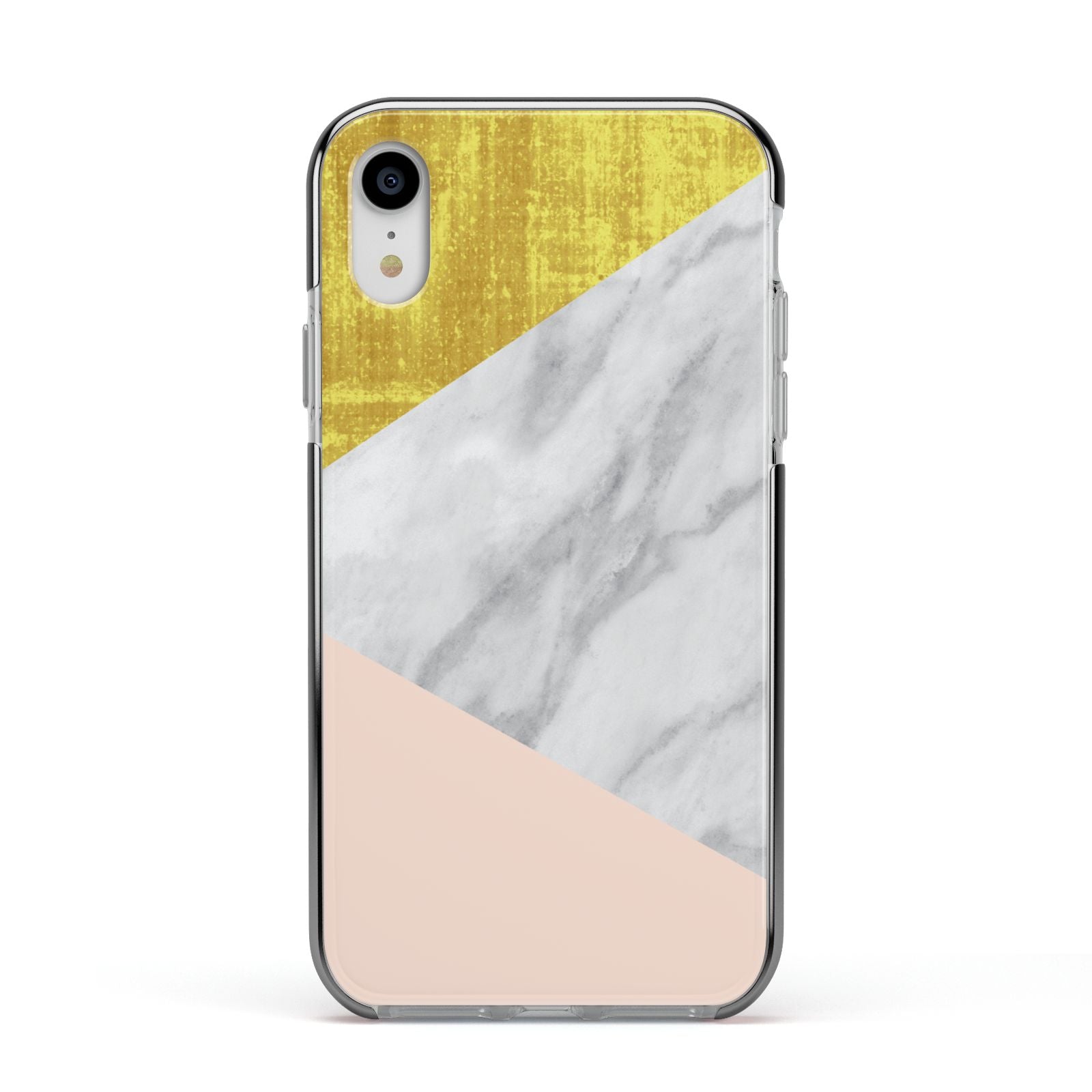 Marble White Gold Foil Peach Apple iPhone XR Impact Case Black Edge on Silver Phone