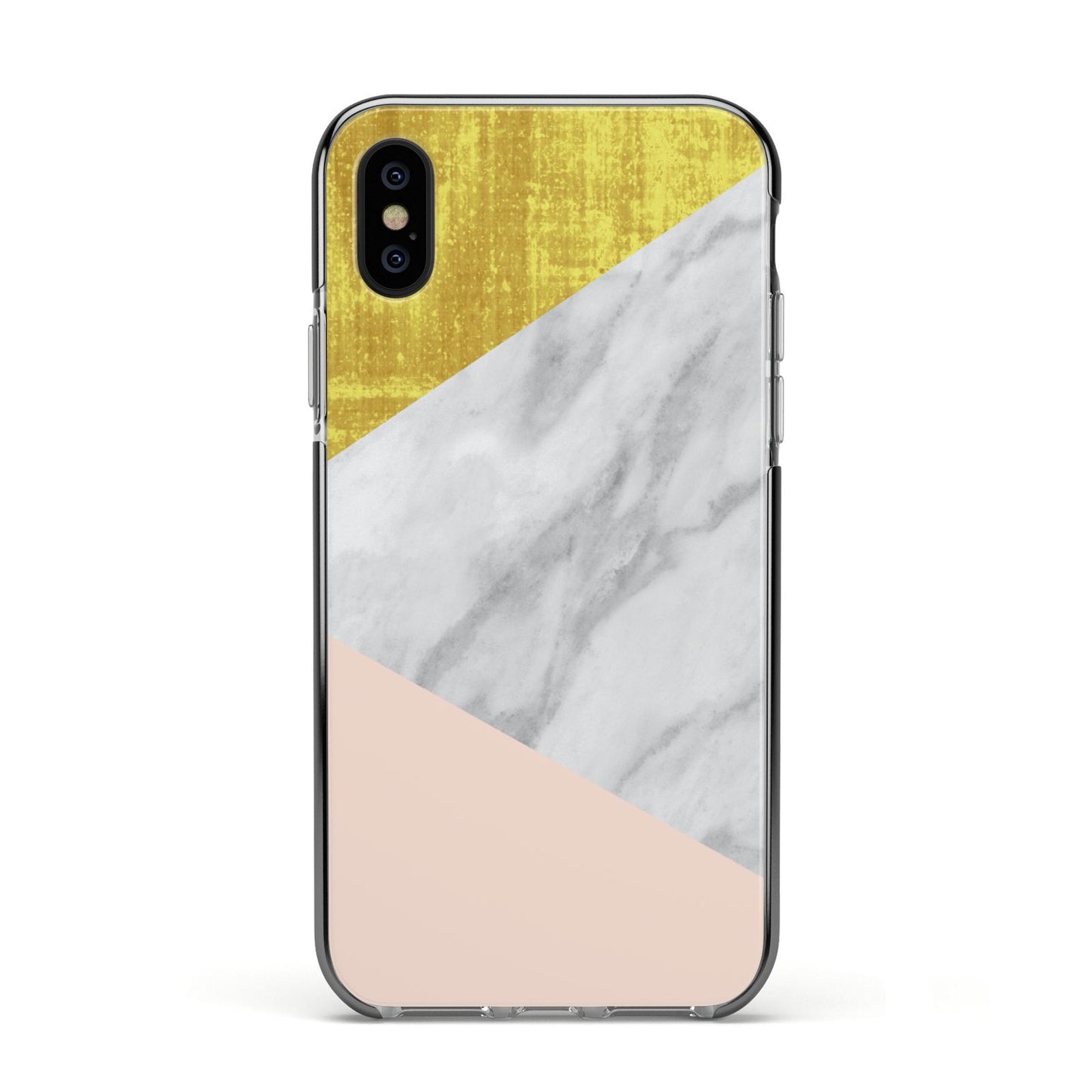 Marble White Gold Foil Peach Apple iPhone Xs Impact Case Black Edge on Black Phone