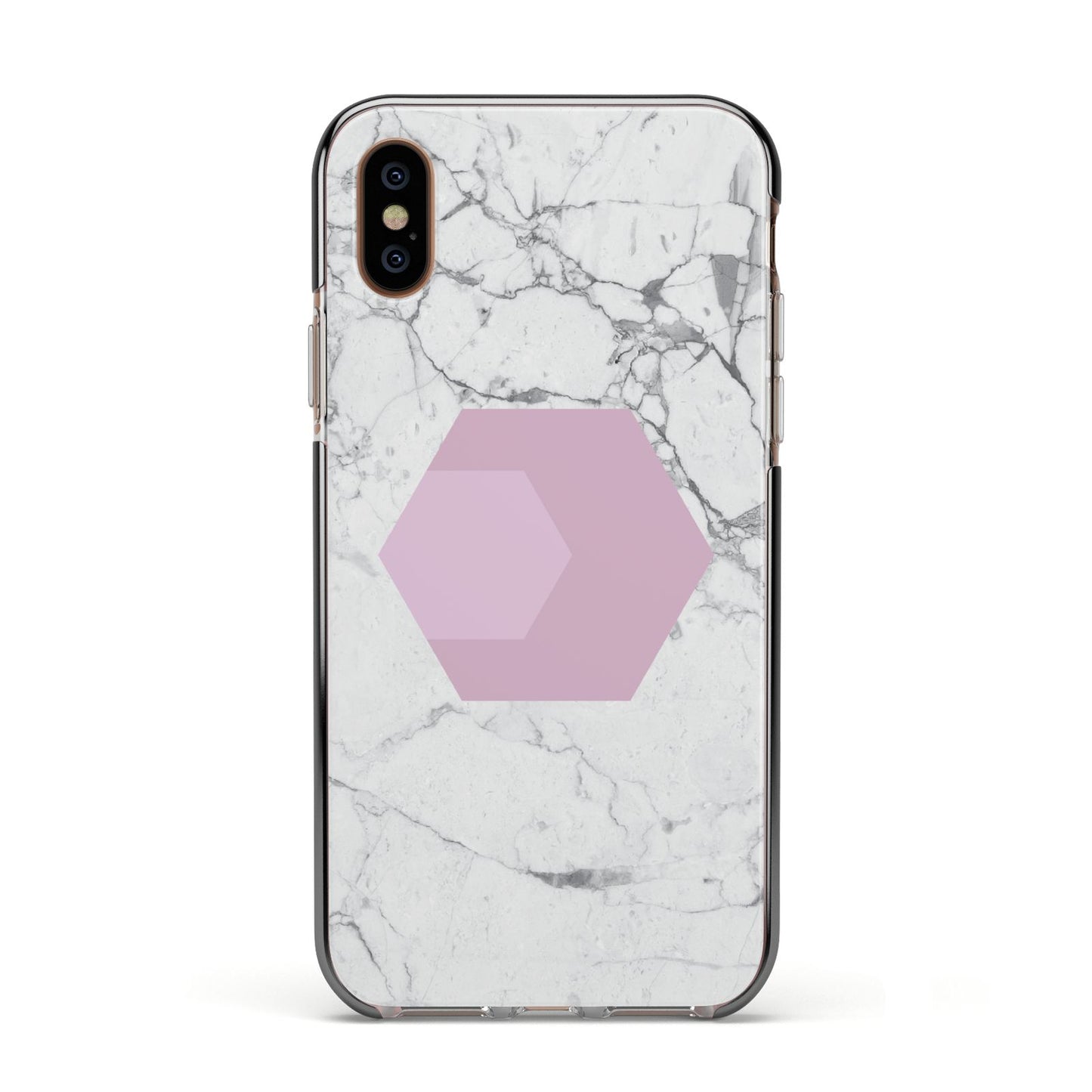 Marble White Grey Carrara Apple iPhone Xs Impact Case Black Edge on Gold Phone