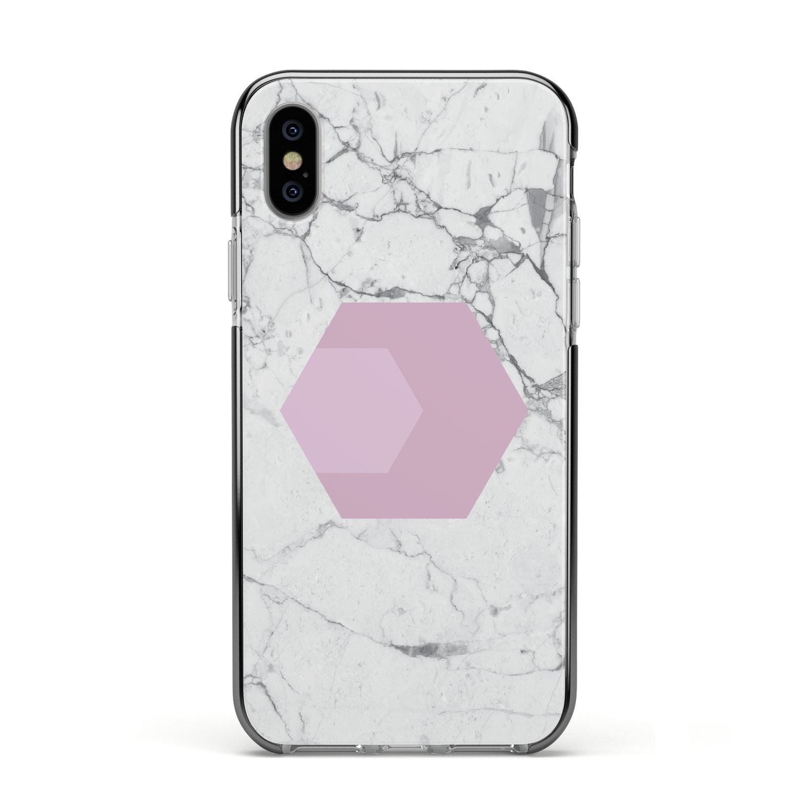 Marble White Grey Carrara Apple iPhone Xs Impact Case Black Edge on Silver Phone