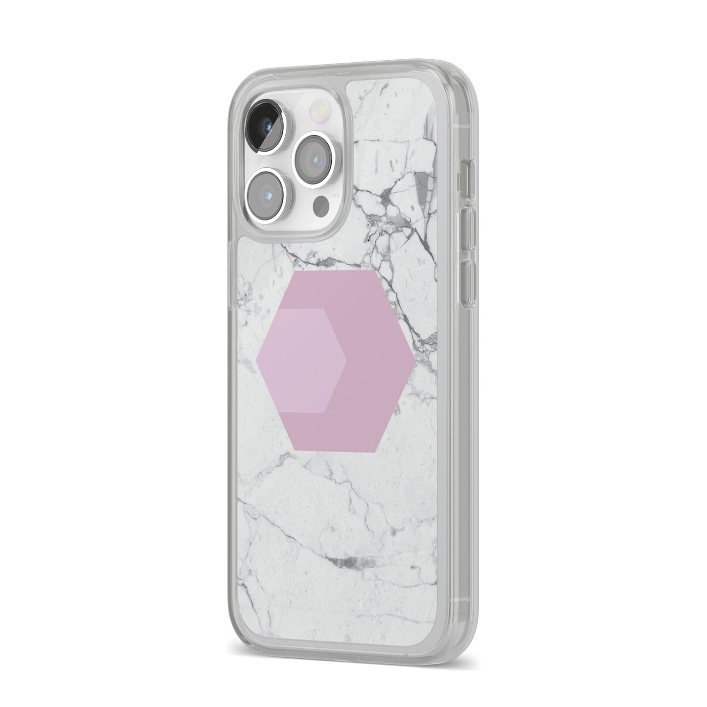 Marble White Grey Carrara iPhone 14 Pro Max Clear Tough Case Silver Angled Image