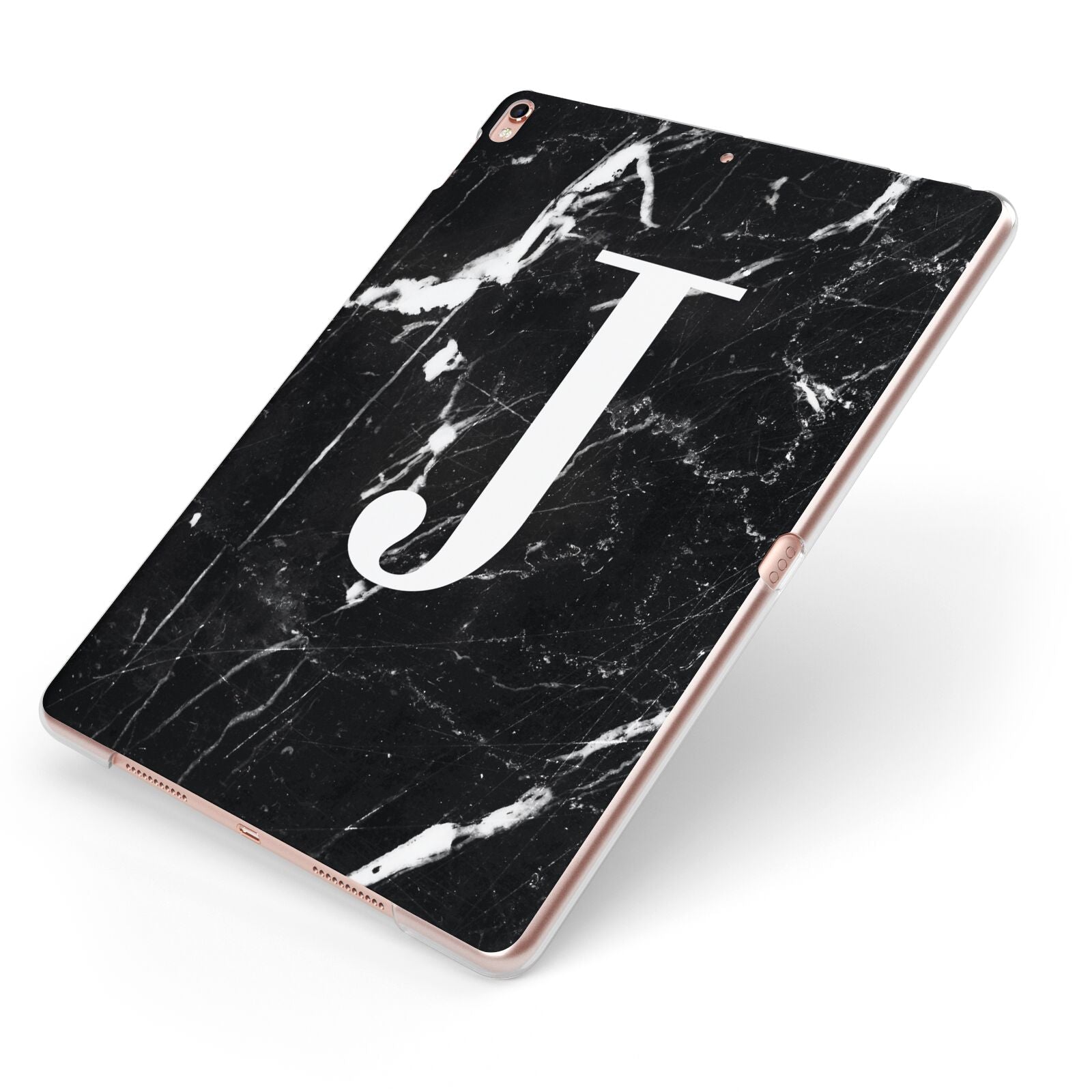 Marble White Initial Personalised Apple iPad Case on Rose Gold iPad Side View