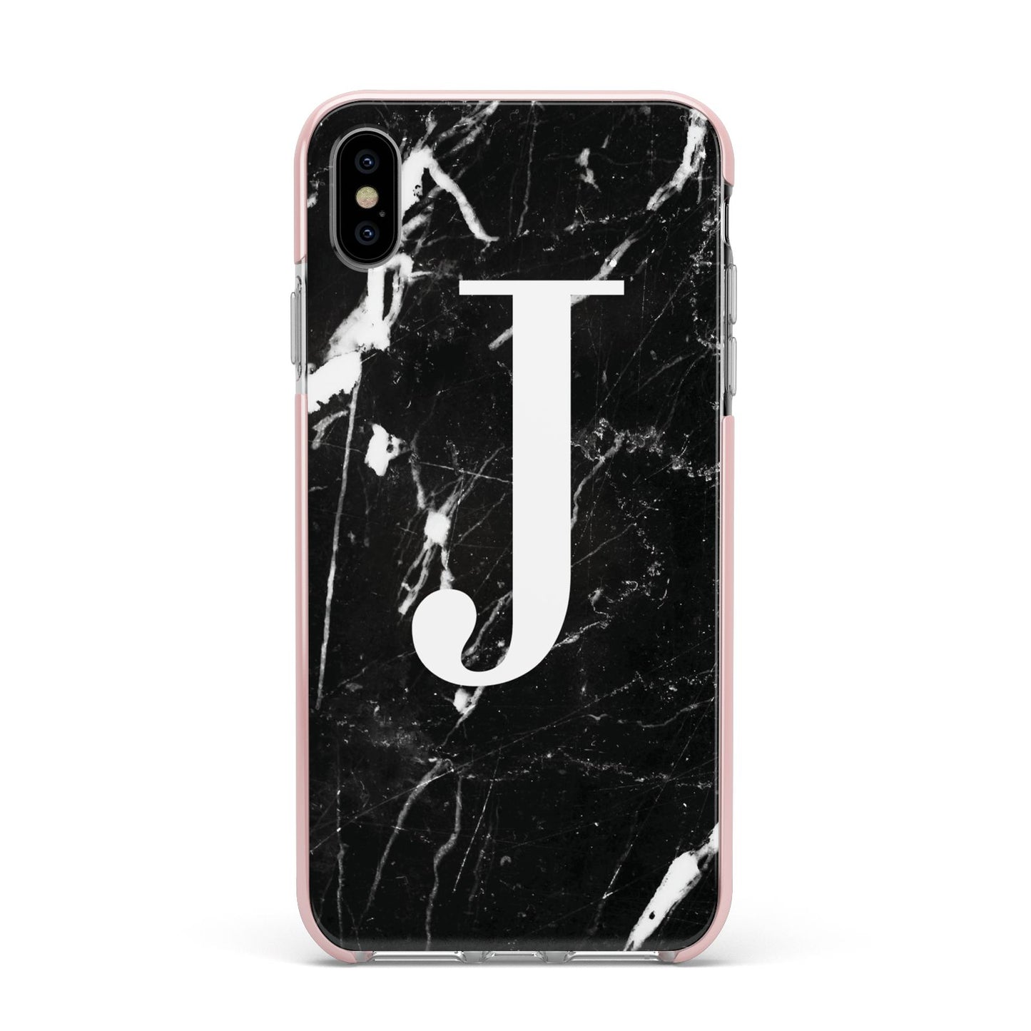 Marble White Initial Personalised Apple iPhone Xs Max Impact Case Pink Edge on Silver Phone