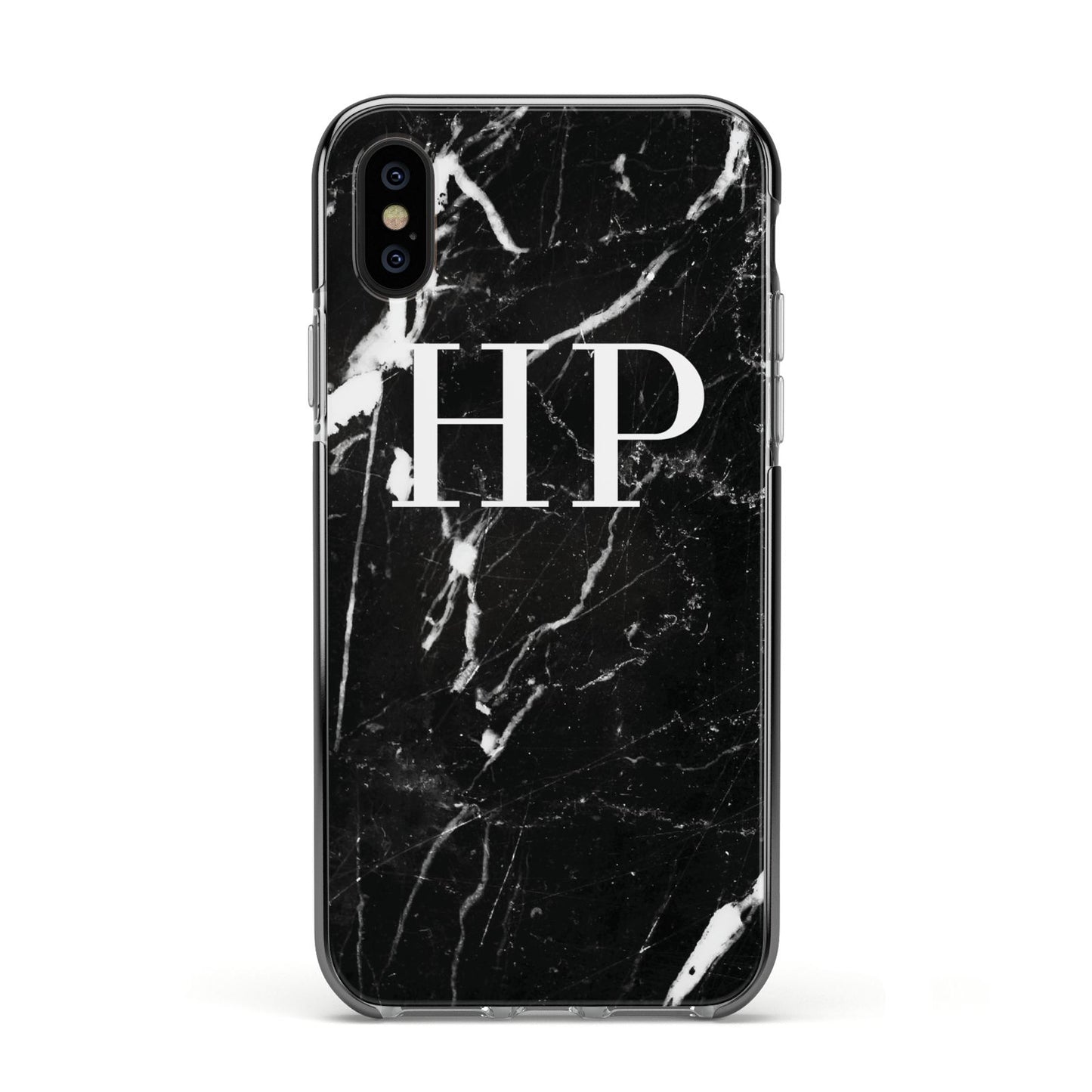 Marble White Initials Monogram Personalised Apple iPhone Xs Impact Case Black Edge on Black Phone