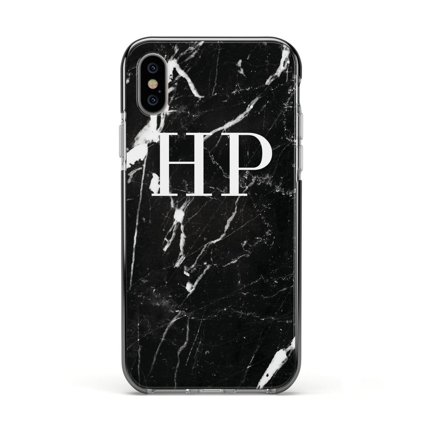 Marble White Initials Monogram Personalised Apple iPhone Xs Impact Case Black Edge on Silver Phone