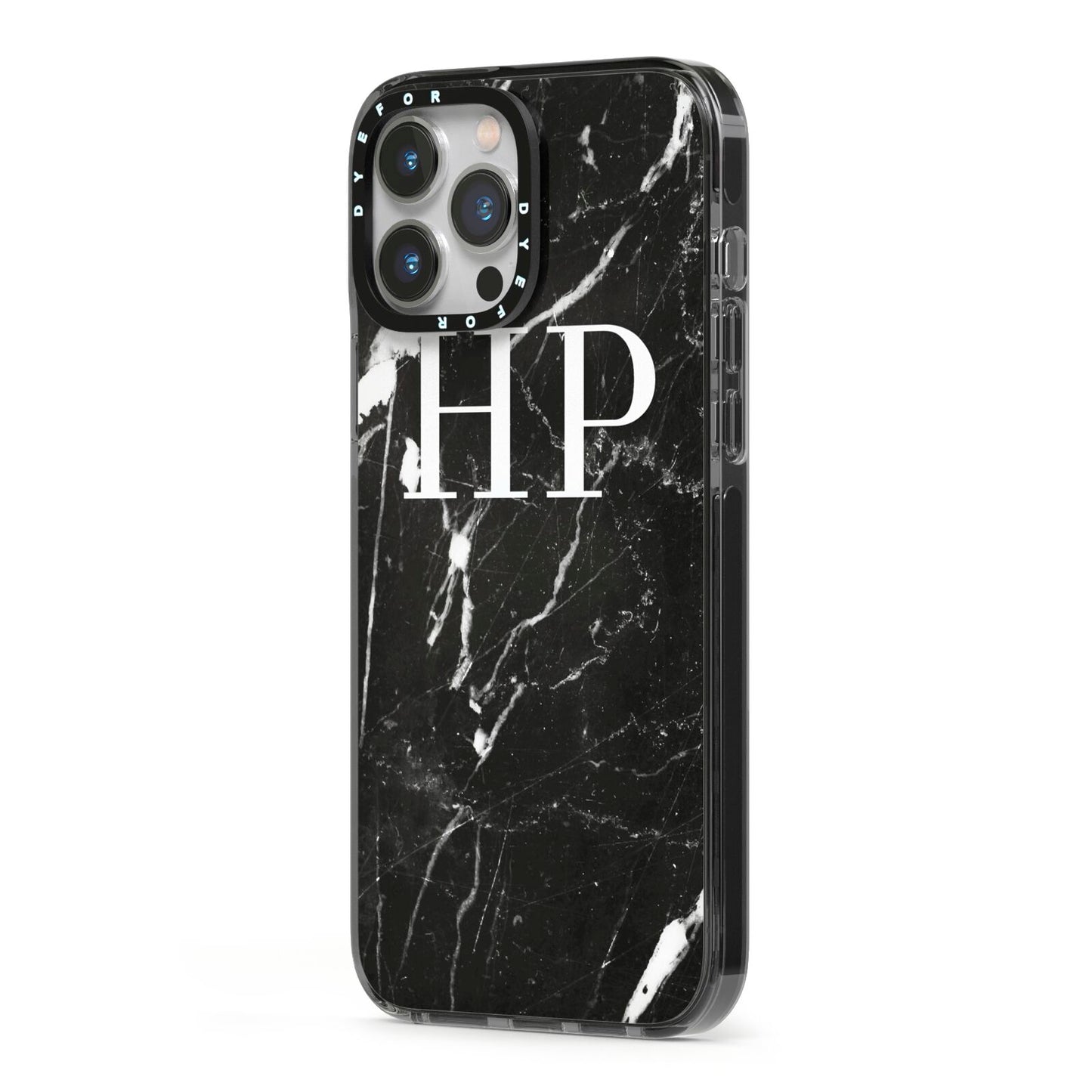 Marble White Initials Monogram Personalised iPhone 13 Pro Max Black Impact Case Side Angle on Silver phone