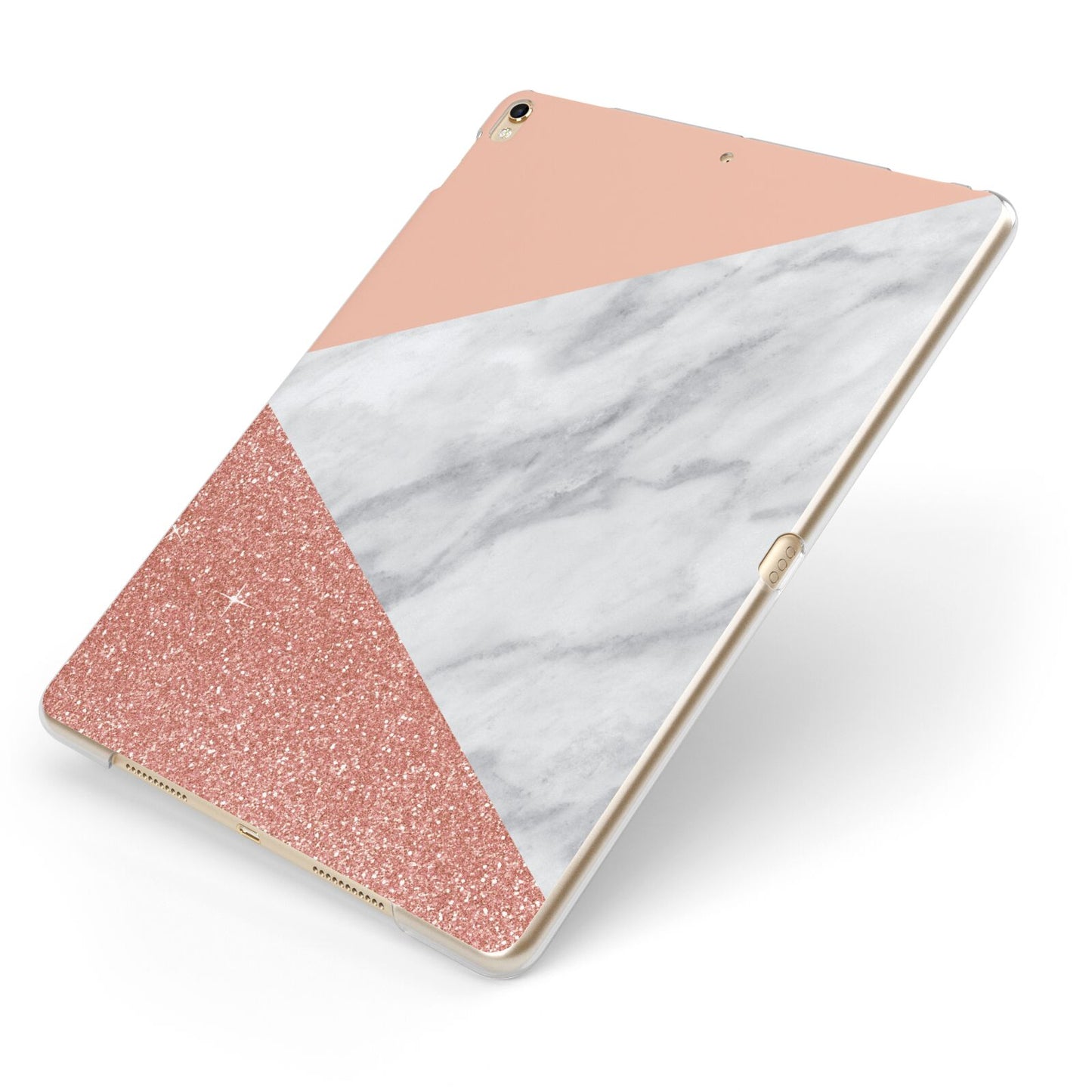 Marble White Rose Gold Apple iPad Case on Gold iPad Side View