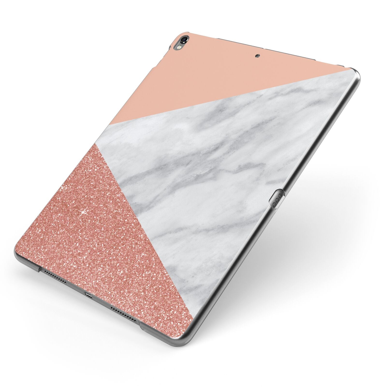 Marble White Rose Gold Apple iPad Case on Grey iPad Side View