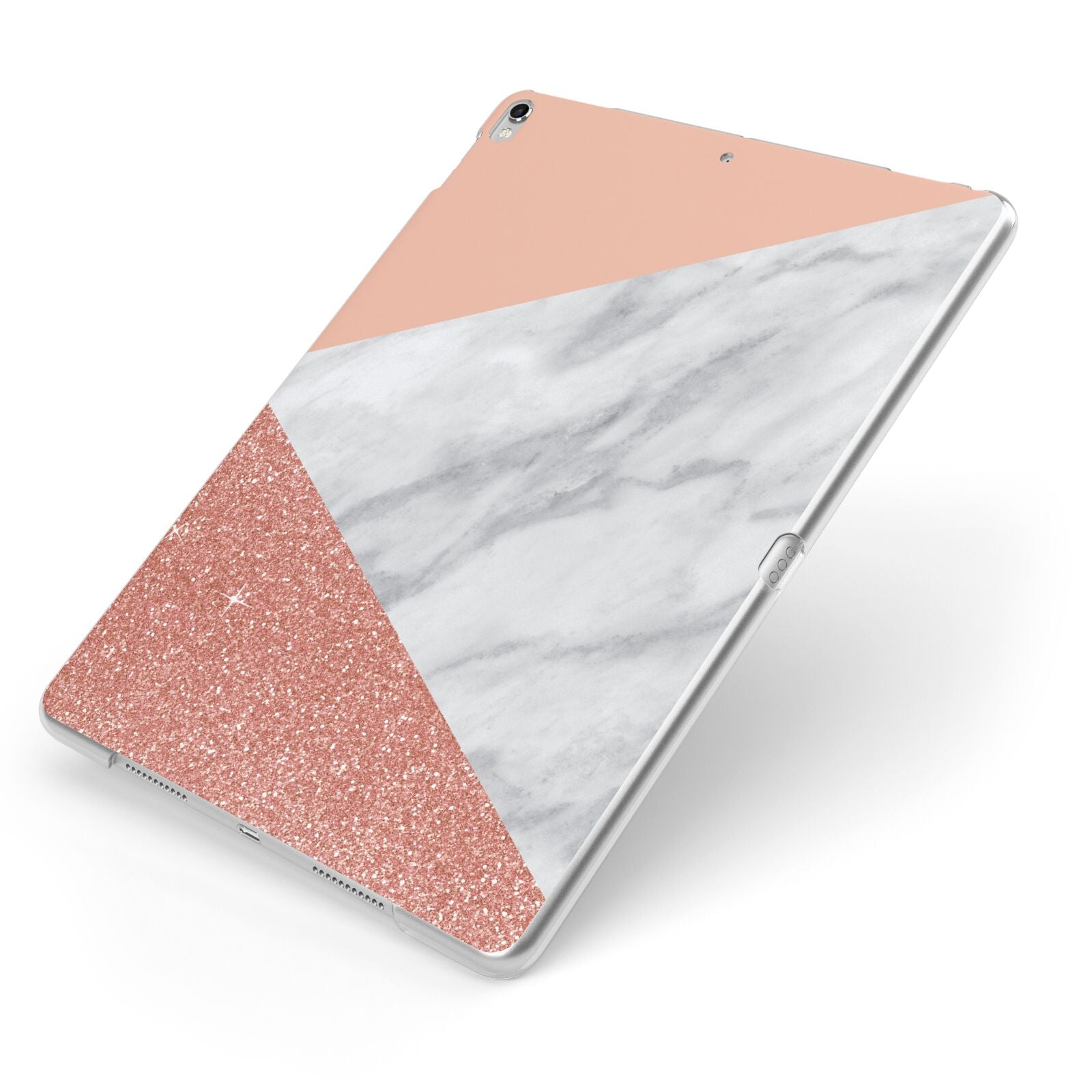 Marble White Rose Gold Apple iPad Case on Silver iPad Side View
