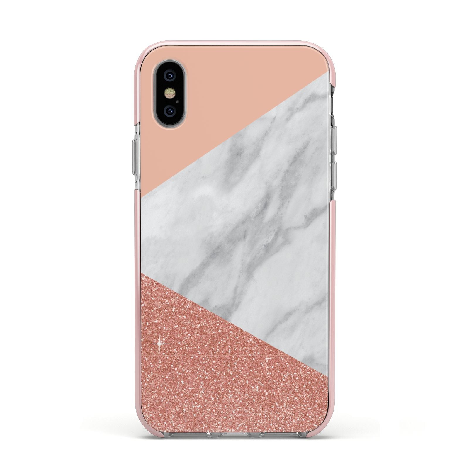 Marble White Rose Gold Apple iPhone Xs Impact Case Pink Edge on Silver Phone